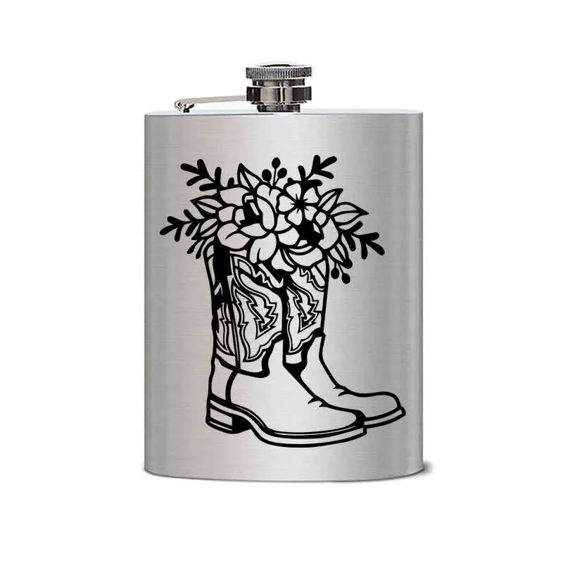 2-10 oz Boots With Flowers Laser Pattern Stainless Steel Portable Flask