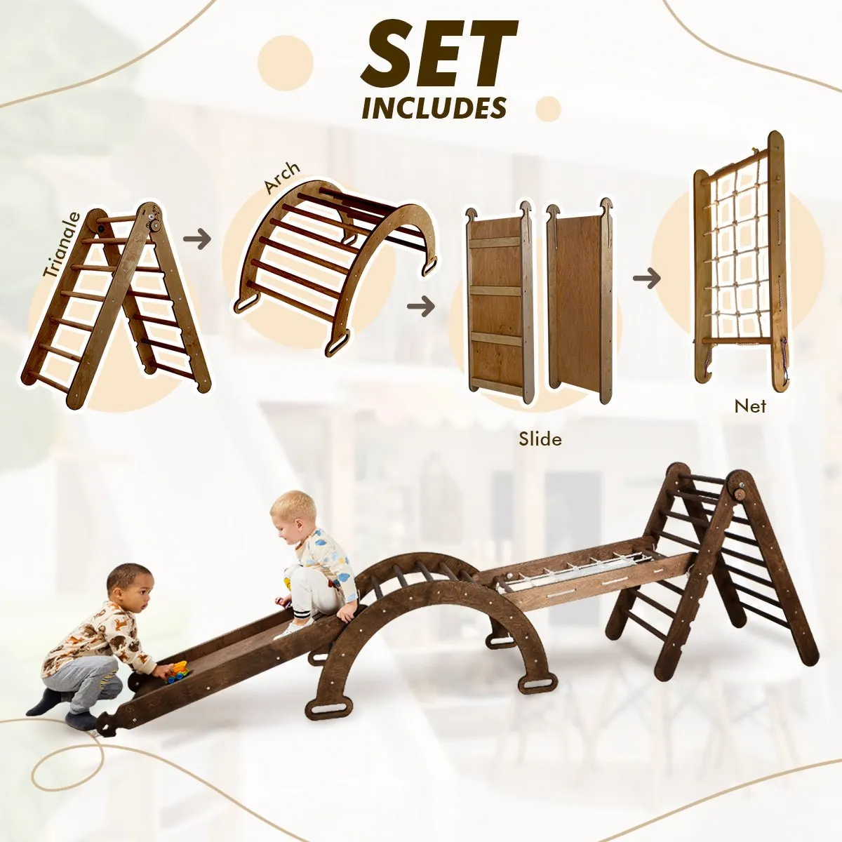 5in1 Montessori Climbing Set: Triangle Ladder   Arch/rocker   Slide Board/ramp   Net   Cushion – Chocolate