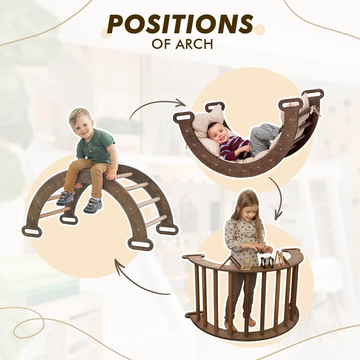 5in1 Montessori Climbing Set: Triangle Ladder   Arch/rocker   Slide Board/ramp   Net   Cushion – Chocolate