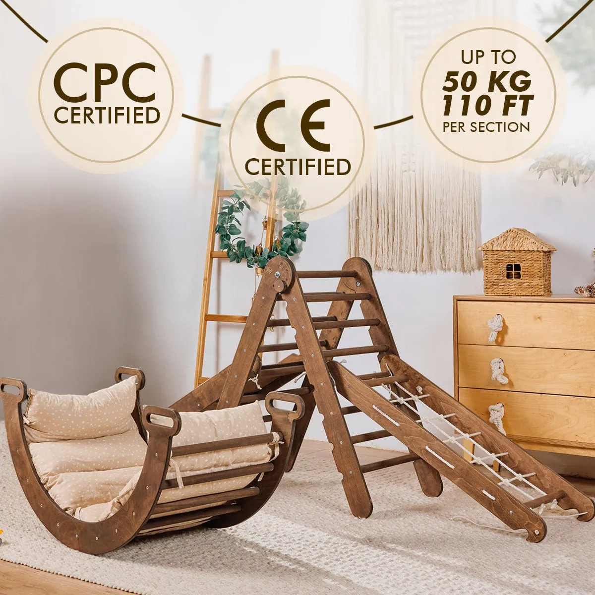 5in1 Montessori Climbing Set: Triangle Ladder   Arch/rocker   Slide Board/ramp   Net   Cushion – Chocolate