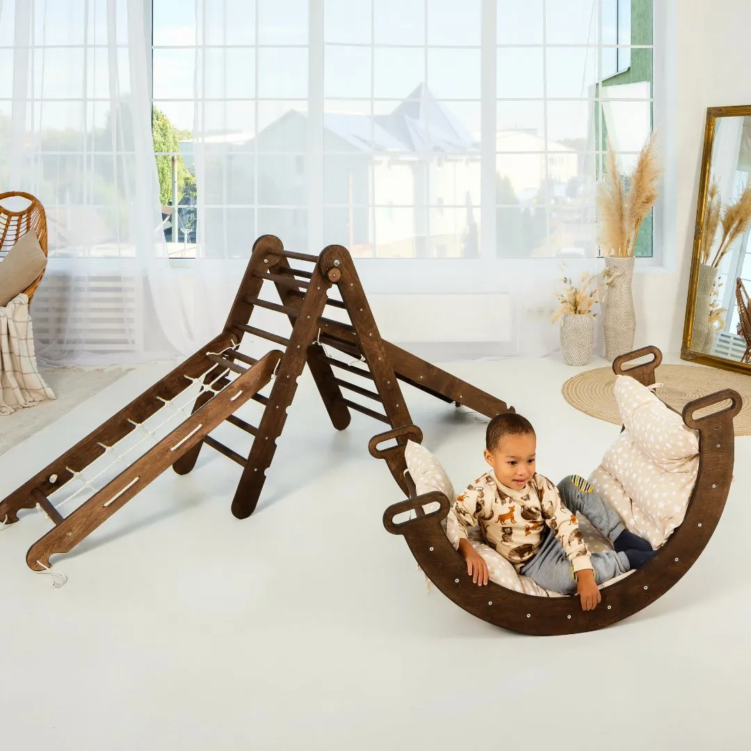 5in1 Montessori Climbing Set: Triangle Ladder   Arch/rocker   Slide Board/ramp   Net   Cushion – Chocolate