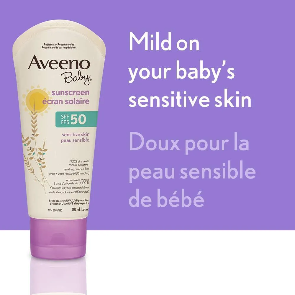 Aveeno Baby Mineral Sunscreen Lotion SPF 50-100% Naturally Sourced Zinc Oxide for Sensitive Skin - Water Resistant - 88 mL(packaging may vary)