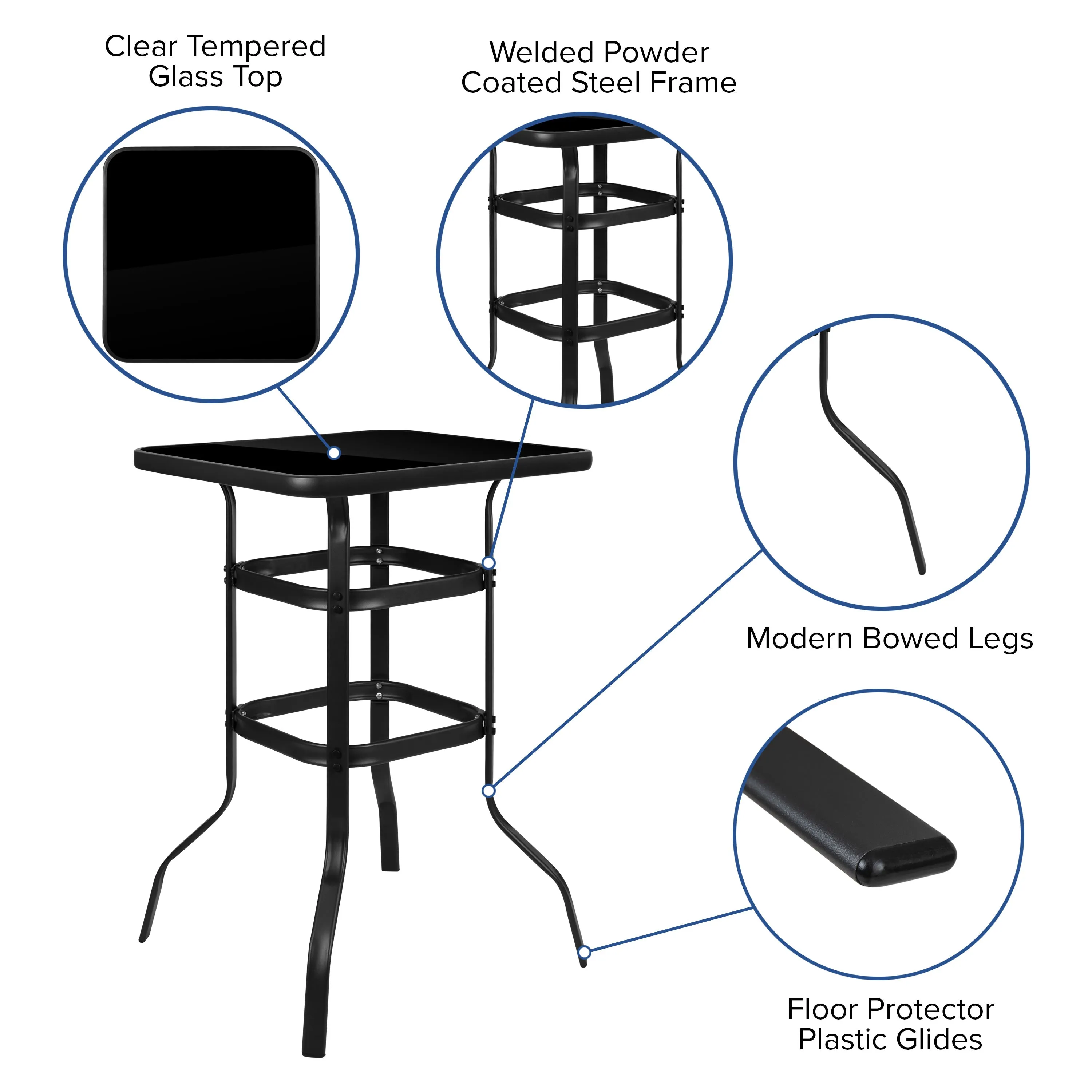 Barker 27.5" Square Tempered Glass Bar Height Metal Patio Bar Table