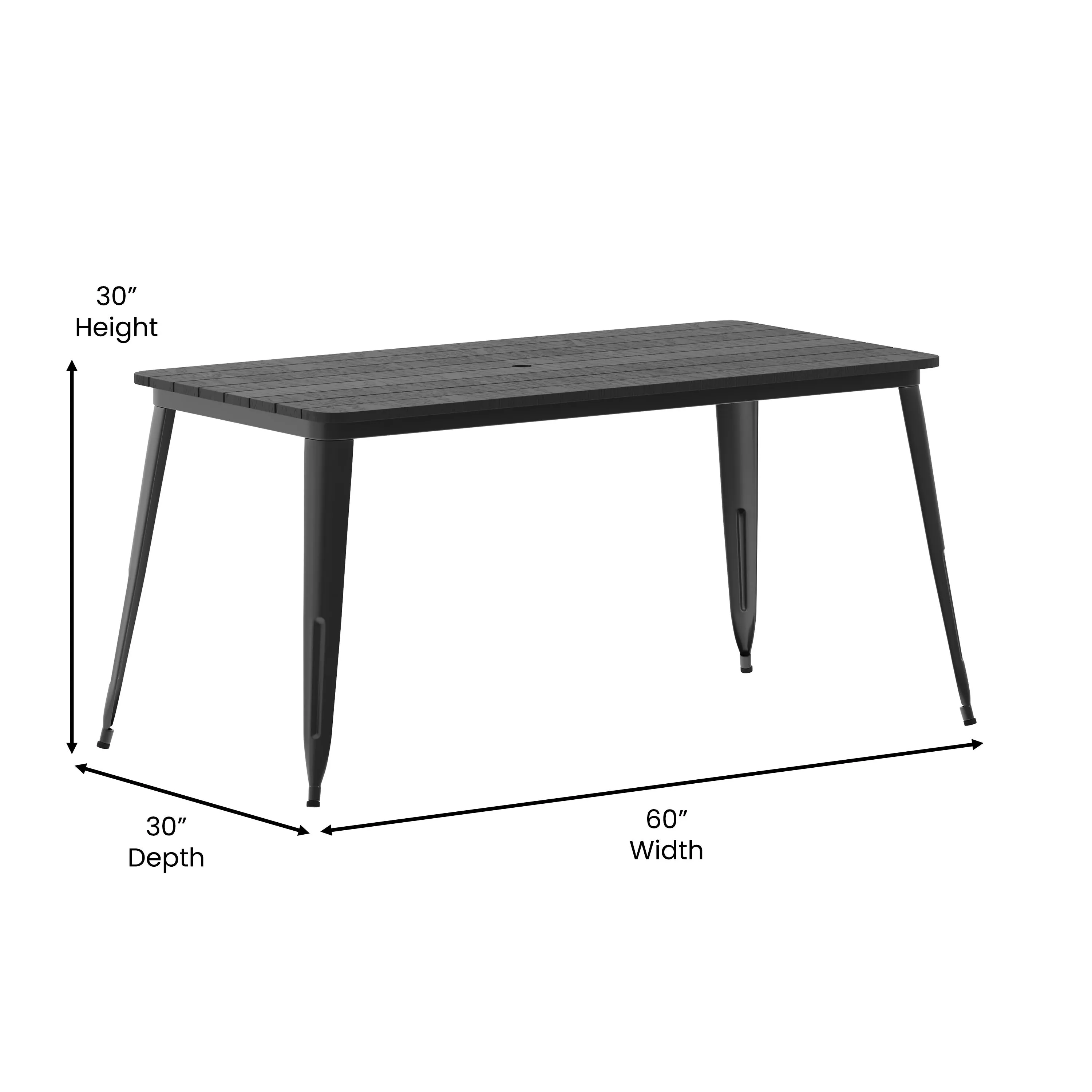 Declan Commercial Indoor/Outdoor Dining Table with Umbrella Hole, 30" x 60" All Weather Poly Resin Top and Steel Base