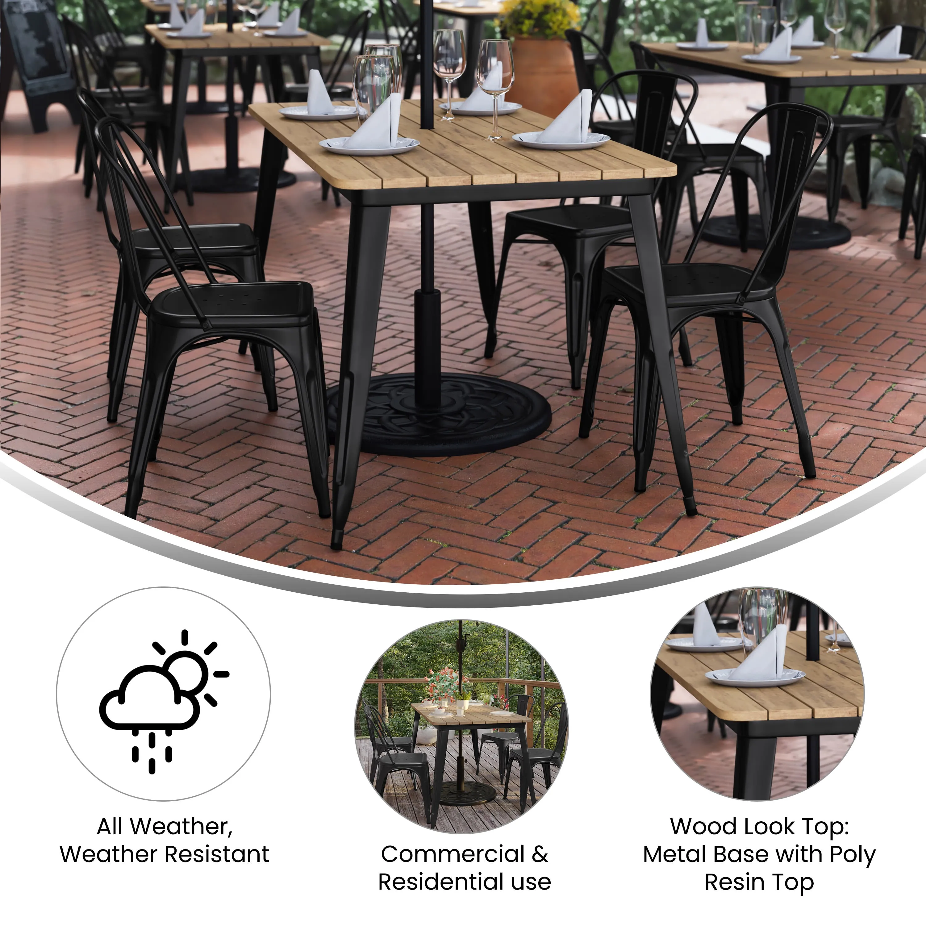 Declan Commercial Indoor/Outdoor Dining Table with Umbrella Hole, 30" x 60" All Weather Poly Resin Top and Steel Base