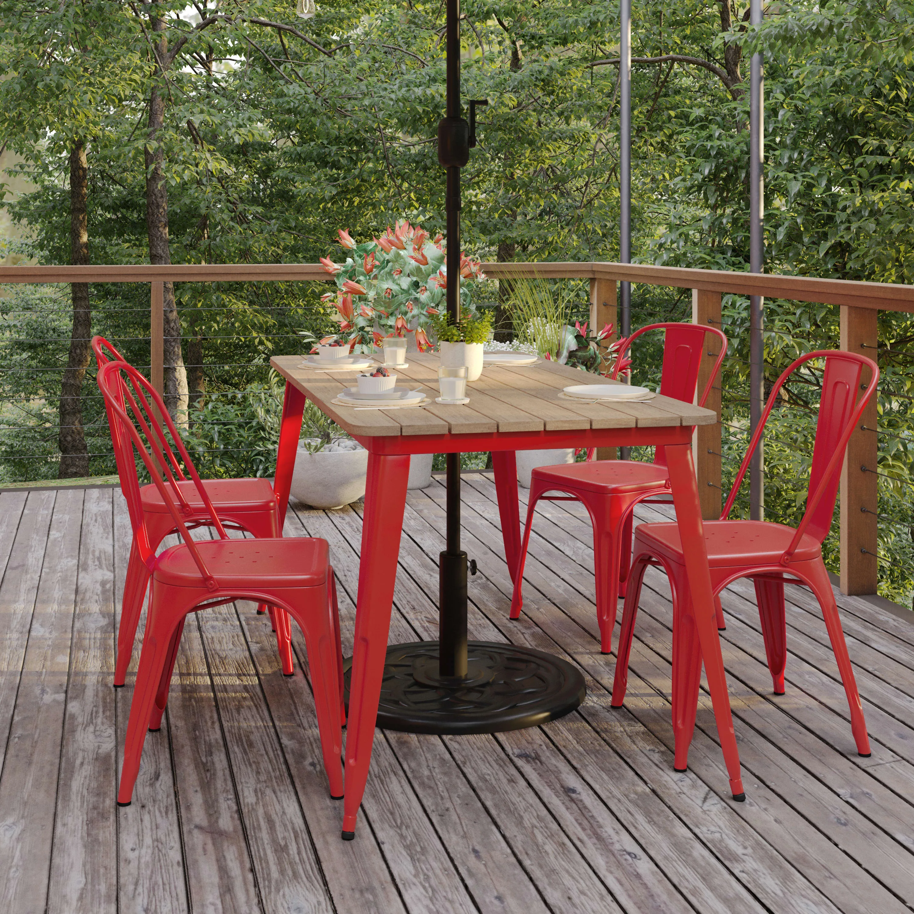 Declan Commercial Indoor/Outdoor Dining Table with Umbrella Hole, 30" x 60" All Weather Poly Resin Top and Steel Base