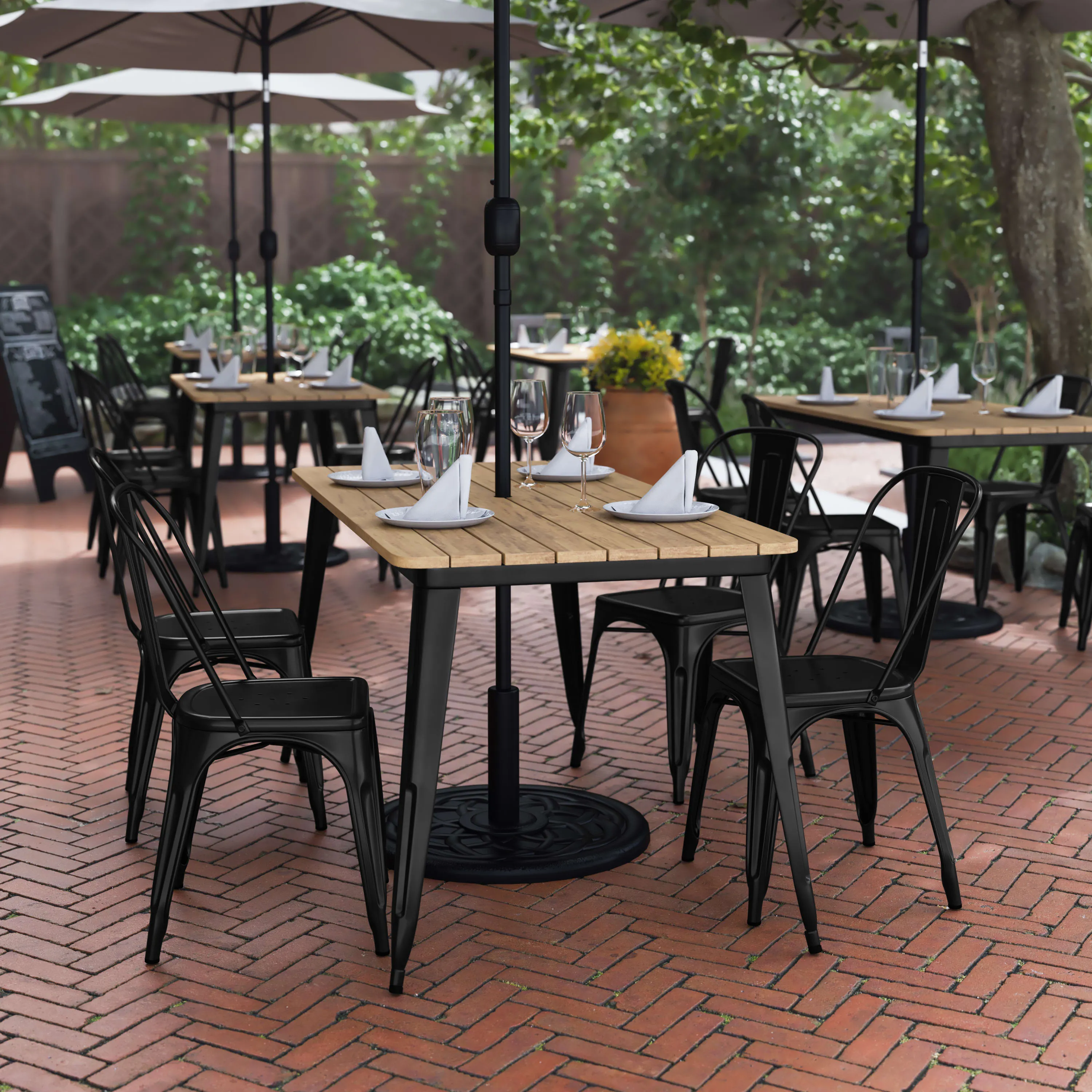 Declan Commercial Indoor/Outdoor Dining Table with Umbrella Hole, 30" x 60" All Weather Poly Resin Top and Steel Base