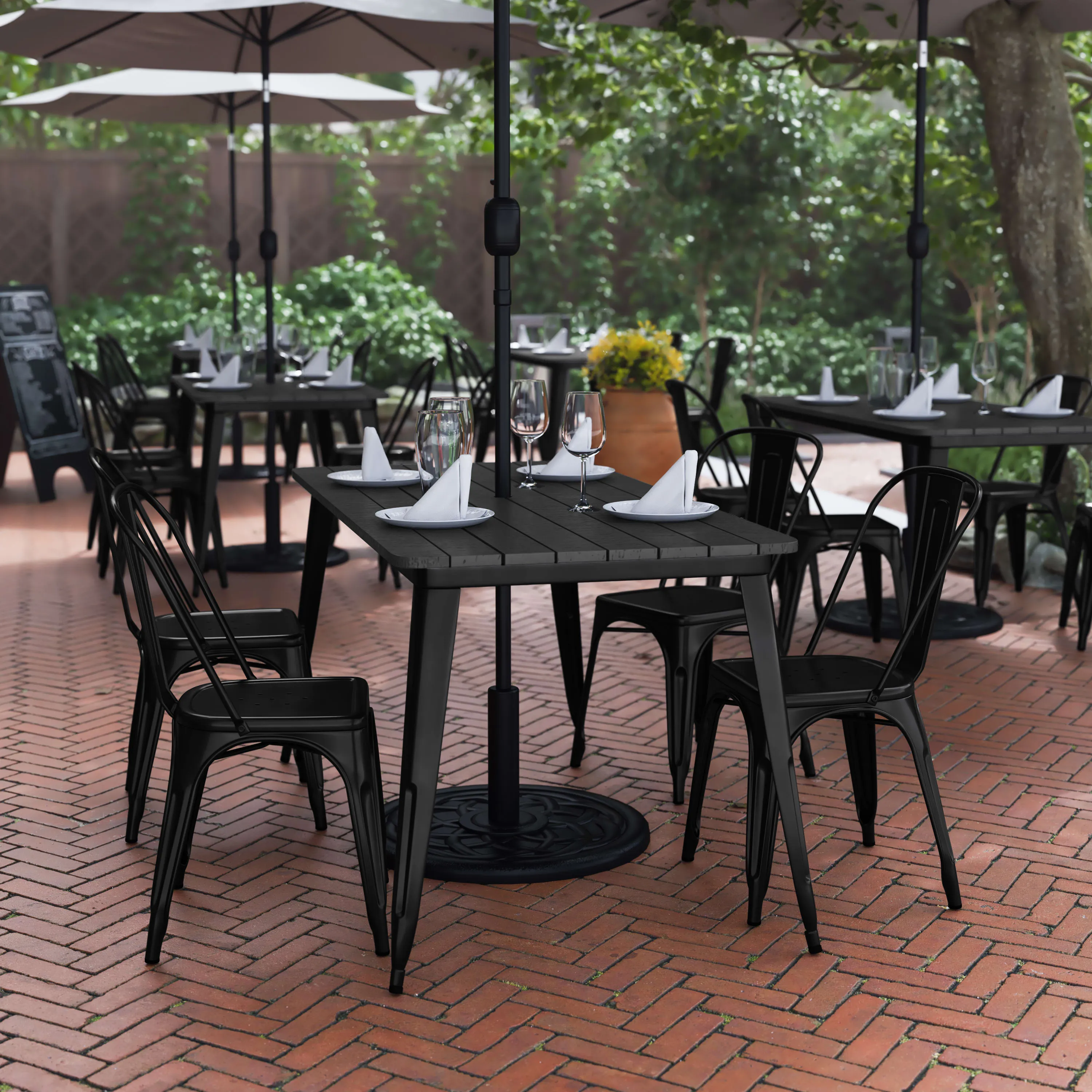 Declan Commercial Indoor/Outdoor Dining Table with Umbrella Hole, 30" x 60" All Weather Poly Resin Top and Steel Base