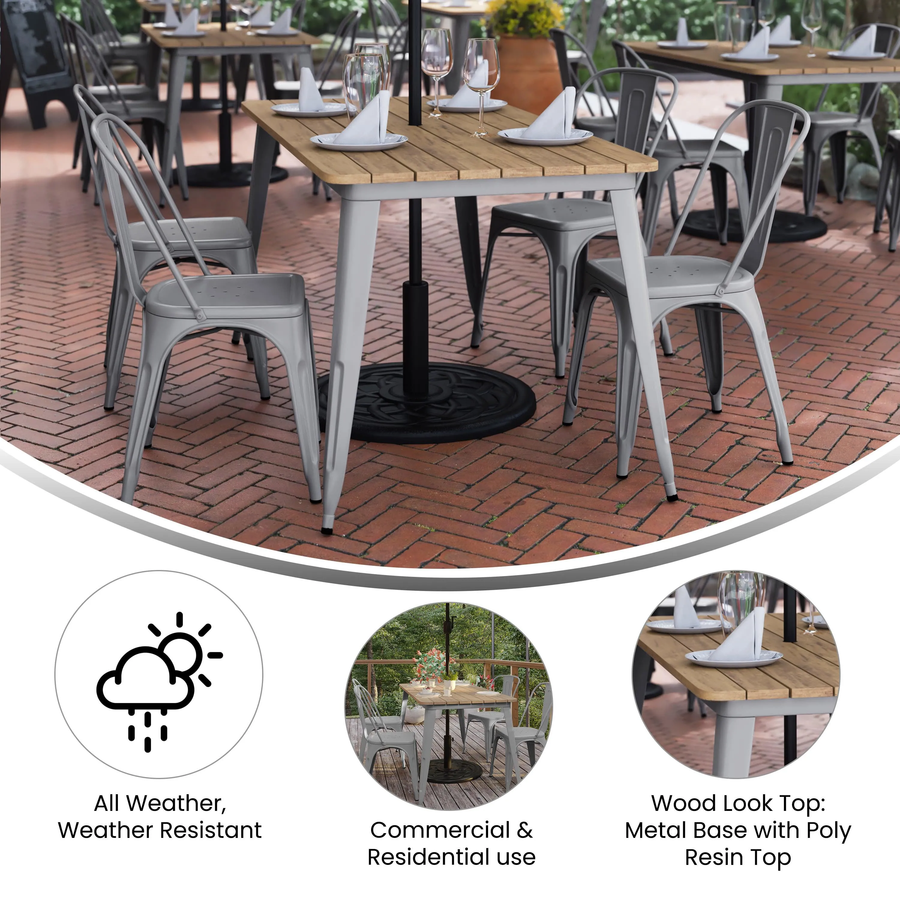 Declan Commercial Indoor/Outdoor Dining Table with Umbrella Hole, 30" x 60" All Weather Poly Resin Top and Steel Base