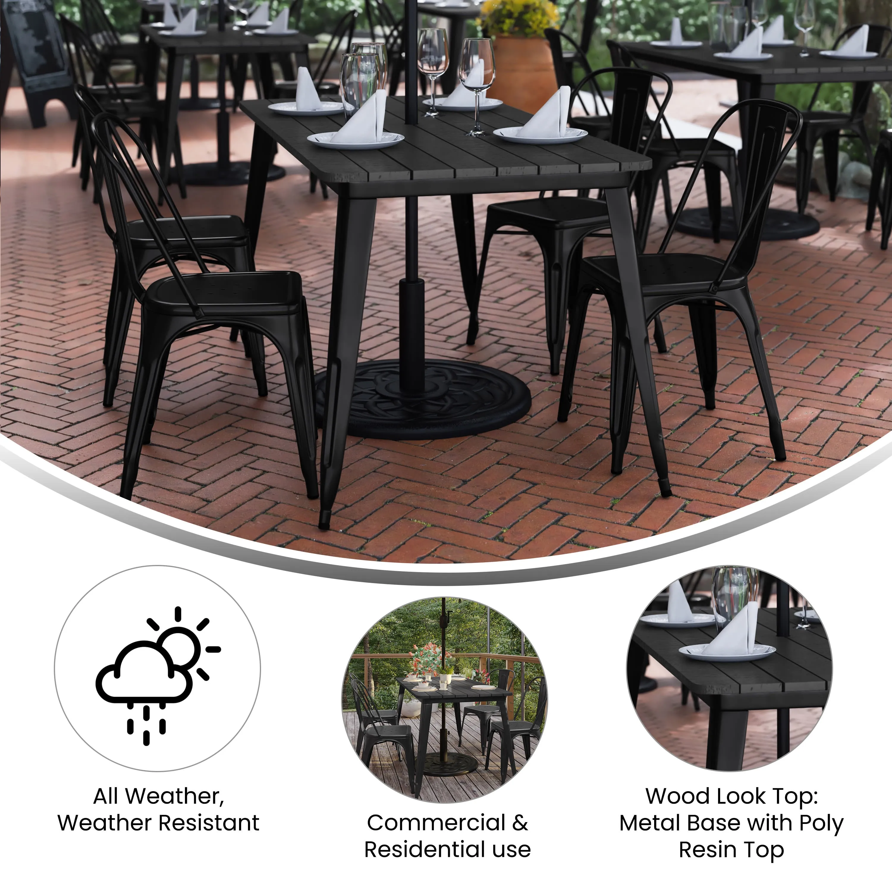 Declan Commercial Indoor/Outdoor Dining Table with Umbrella Hole, 30" x 60" All Weather Poly Resin Top and Steel Base