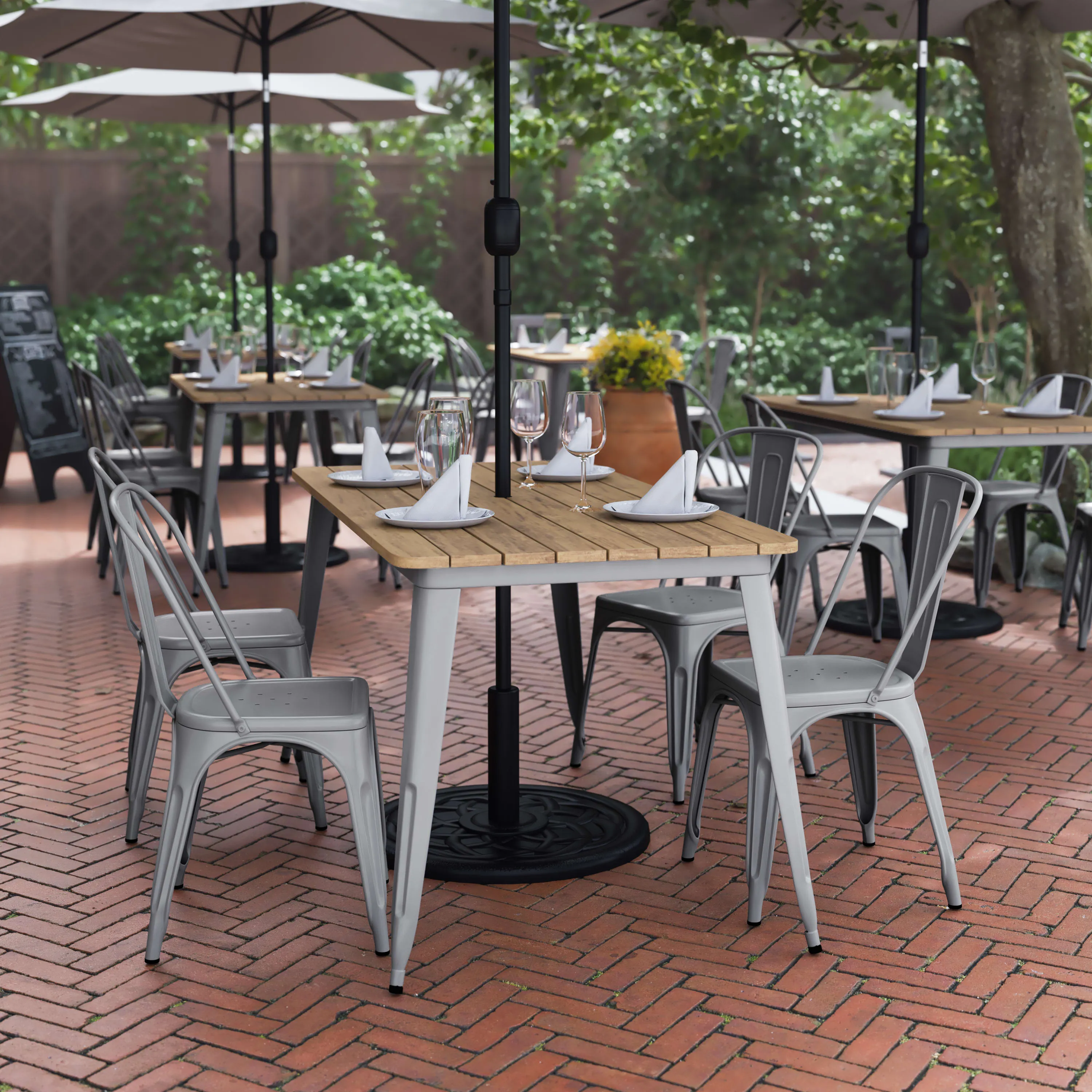 Declan Commercial Indoor/Outdoor Dining Table with Umbrella Hole, 30" x 60" All Weather Poly Resin Top and Steel Base