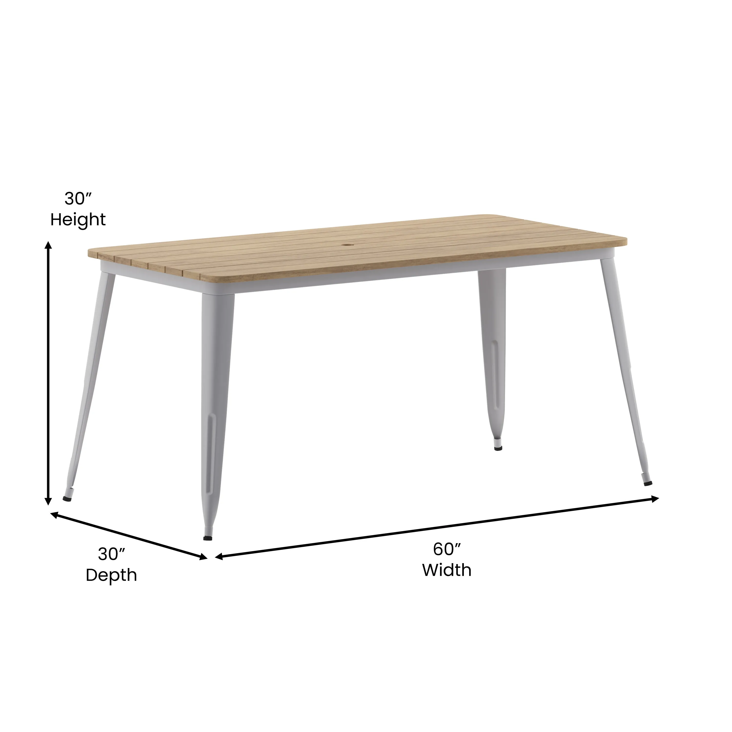 Declan Commercial Indoor/Outdoor Dining Table with Umbrella Hole, 30" x 60" All Weather Poly Resin Top and Steel Base