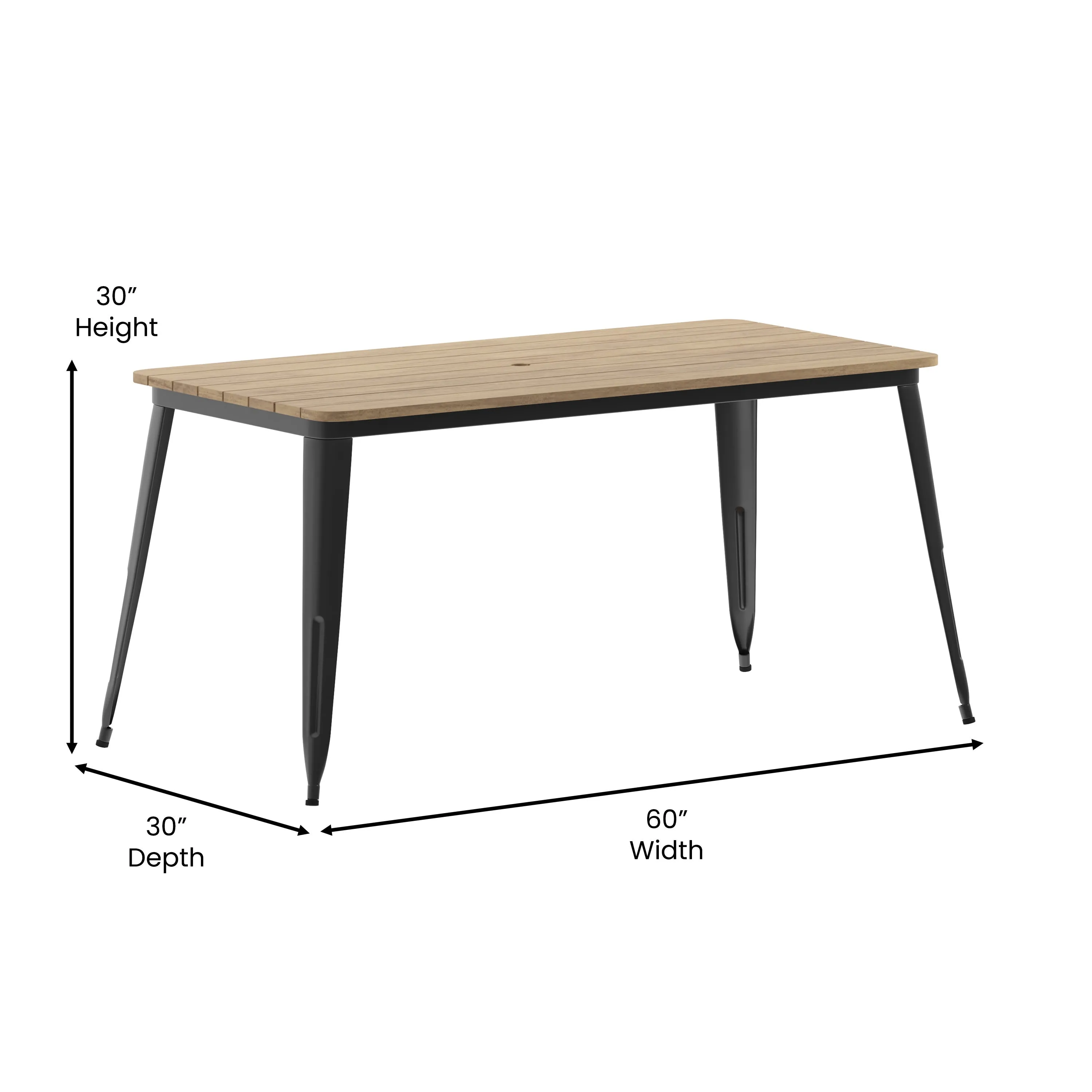 Declan Commercial Indoor/Outdoor Dining Table with Umbrella Hole, 30" x 60" All Weather Poly Resin Top and Steel Base