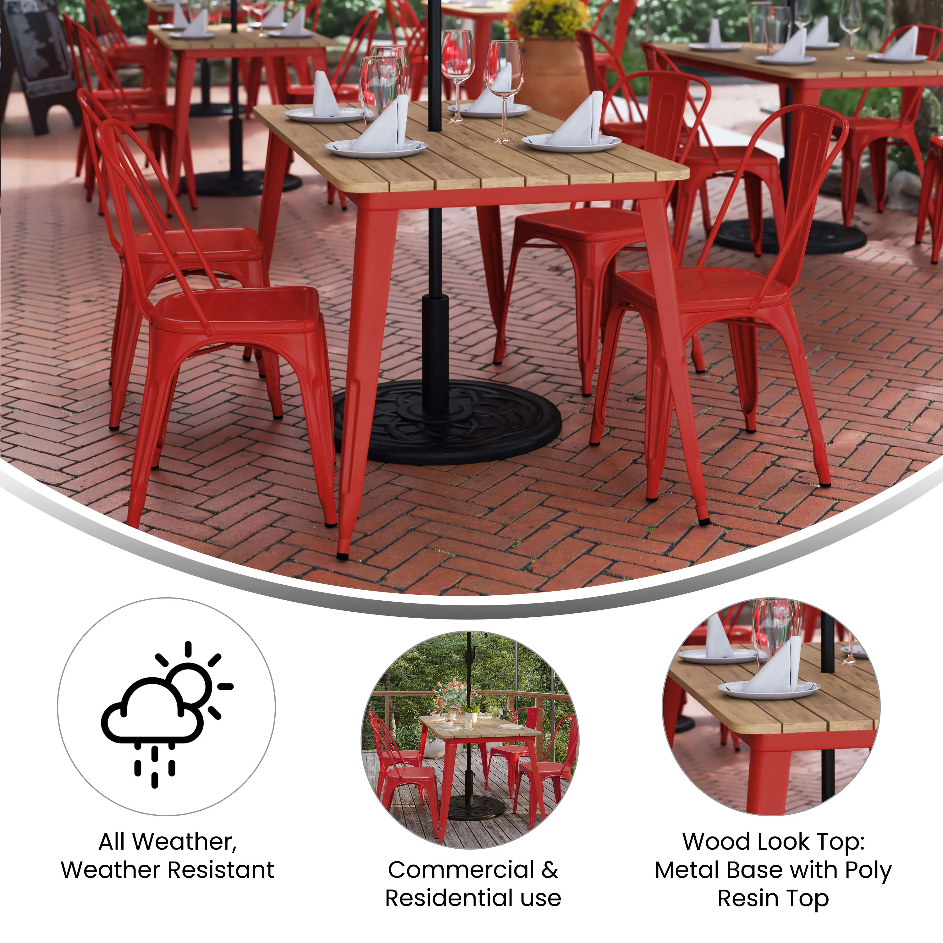 Declan Commercial Indoor/Outdoor Dining Table with Umbrella Hole, 30" x 60" All Weather Poly Resin Top and Steel Base