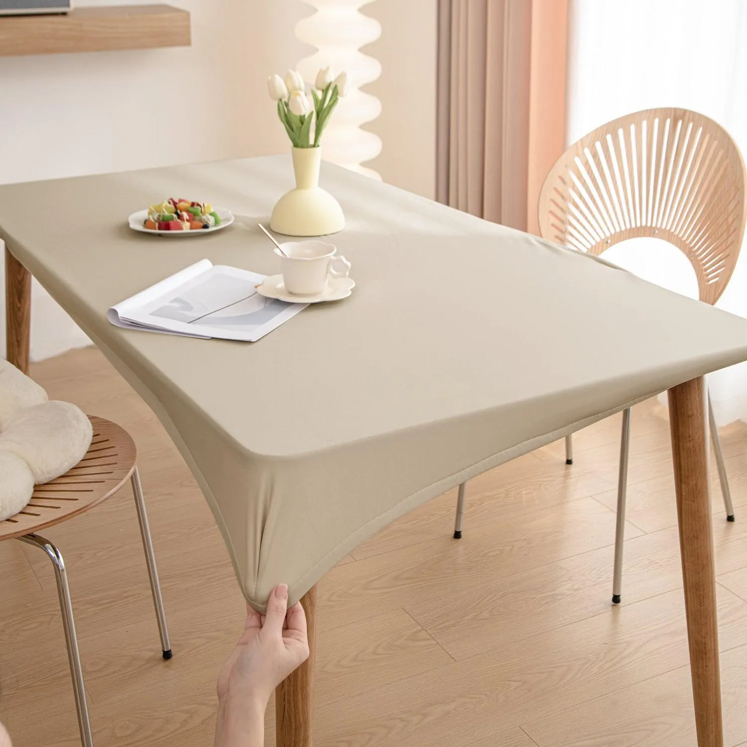 HOKIPO 100% Waterproof Non-Slip Stretch Table Cover, Cream