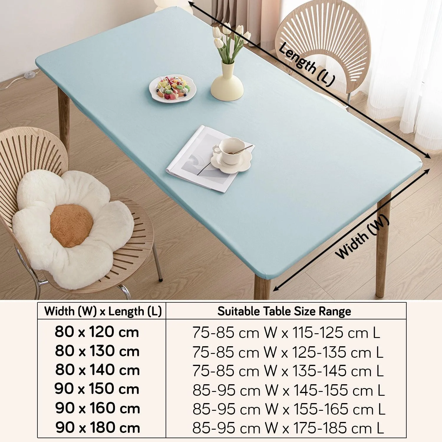 HOKIPO 100% Waterproof Non-Slip Stretch Table Cover, Sky Blue