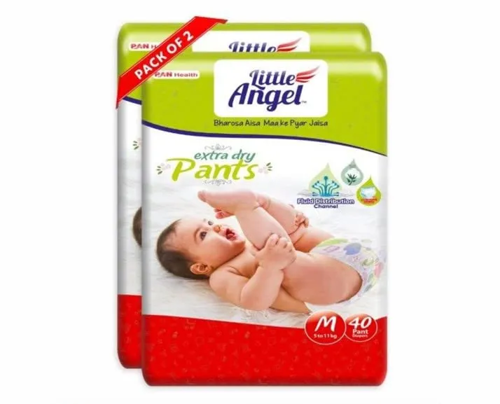 Little Angel Extra Dry Baby Pants Diaper, Medium (M) Size, 80 Count, Super Absorbent Core Up to 12 Hrs. Protection, Soft Elastic Waist Grip & Wetness Indicator, Pack of 2, 40 count/pack, Upto 5-11kg