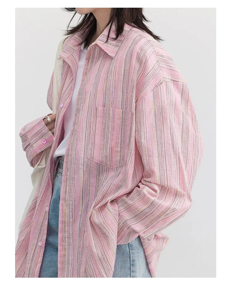 LVSANW CHIC VEN Fashion Women Shirt Loose Striped Pink Linen Blouses for Woman Long Sleeve Female Top Sunscreen Coat New 2024 Summer