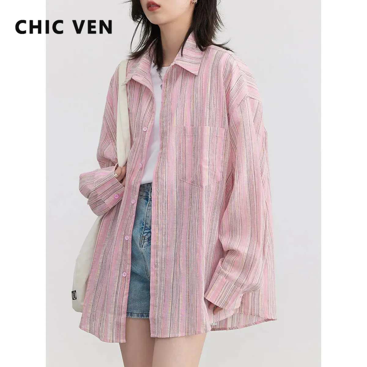 LVSANW CHIC VEN Fashion Women Shirt Loose Striped Pink Linen Blouses for Woman Long Sleeve Female Top Sunscreen Coat New 2024 Summer