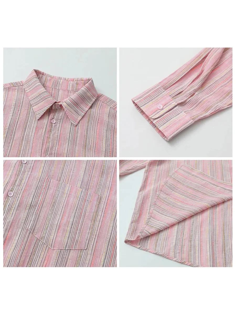 LVSANW CHIC VEN Fashion Women Shirt Loose Striped Pink Linen Blouses for Woman Long Sleeve Female Top Sunscreen Coat New 2024 Summer