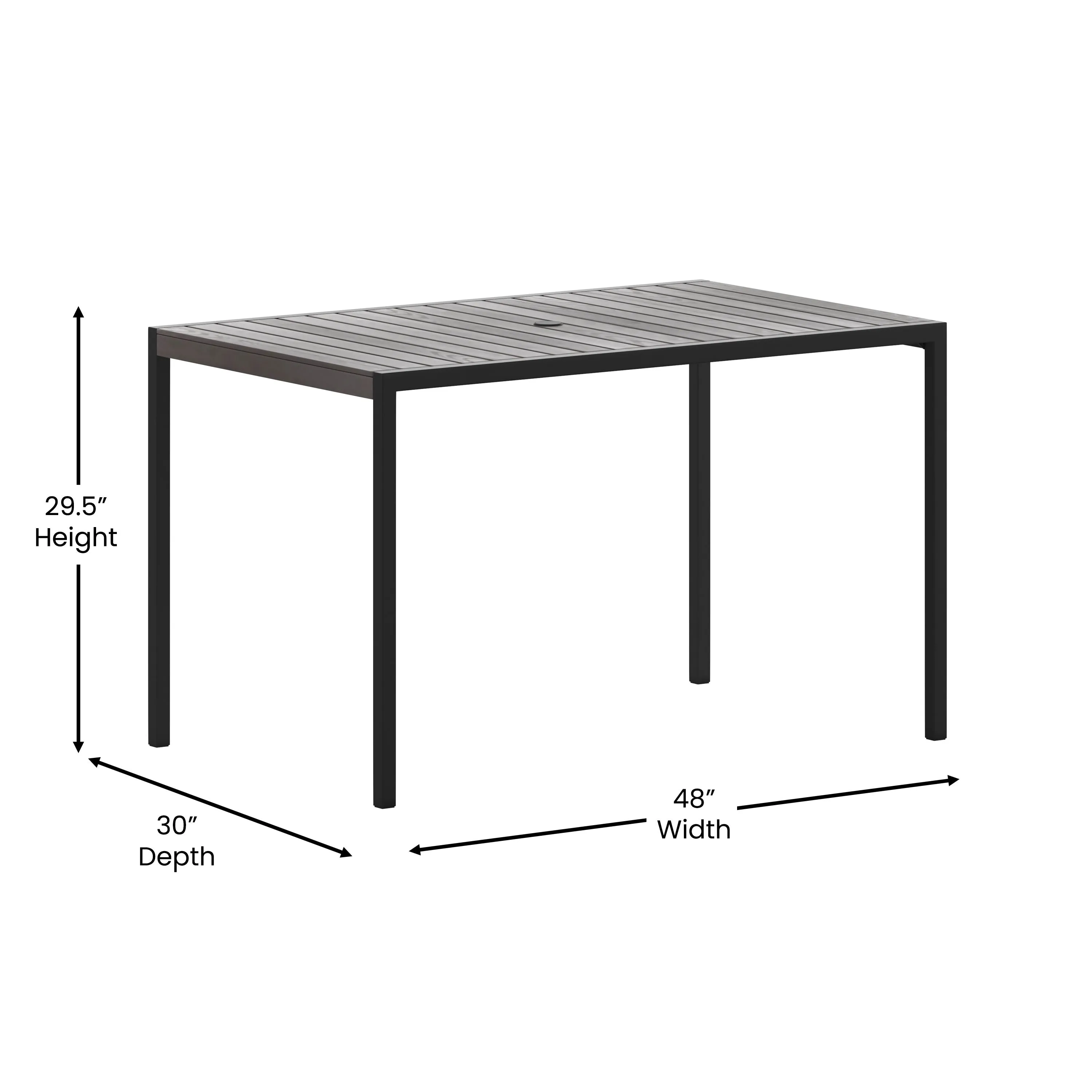 Outdoor Dining Table with Synthetic Teak Poly Slats - Steel Framed Restaurant Table with Umbrella Holder Hole