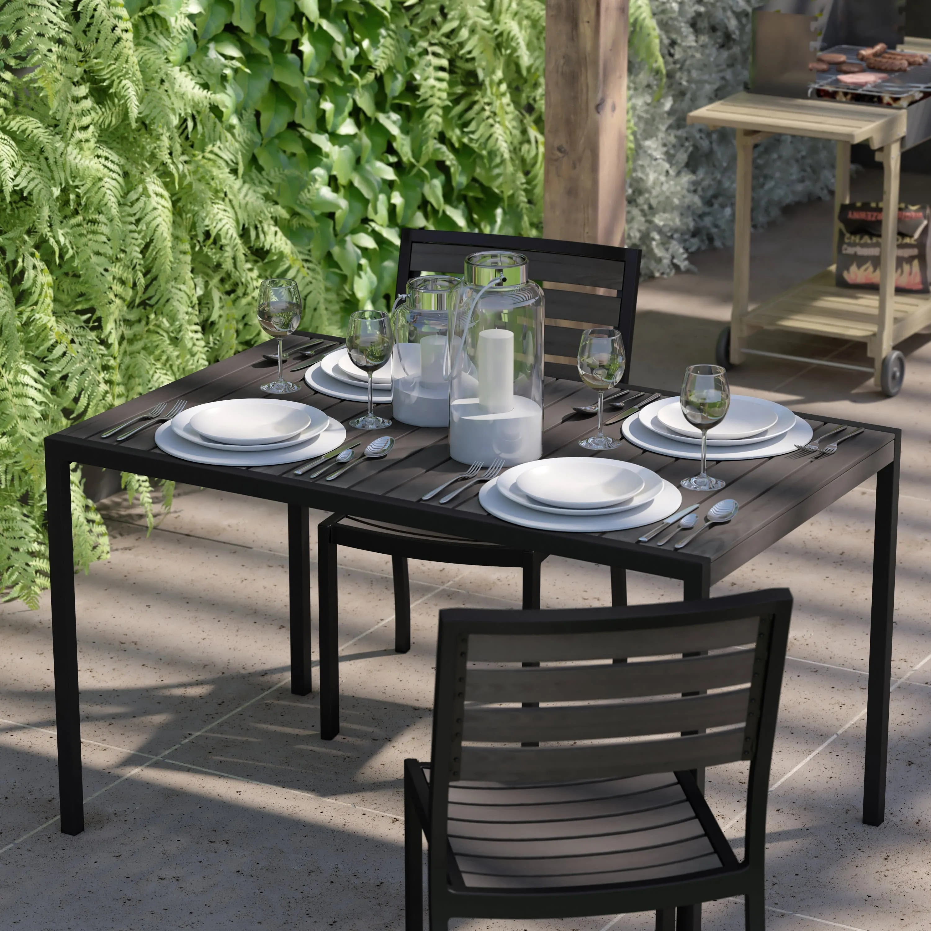 Outdoor Dining Table with Synthetic Teak Poly Slats - Steel Framed Restaurant Table with Umbrella Holder Hole