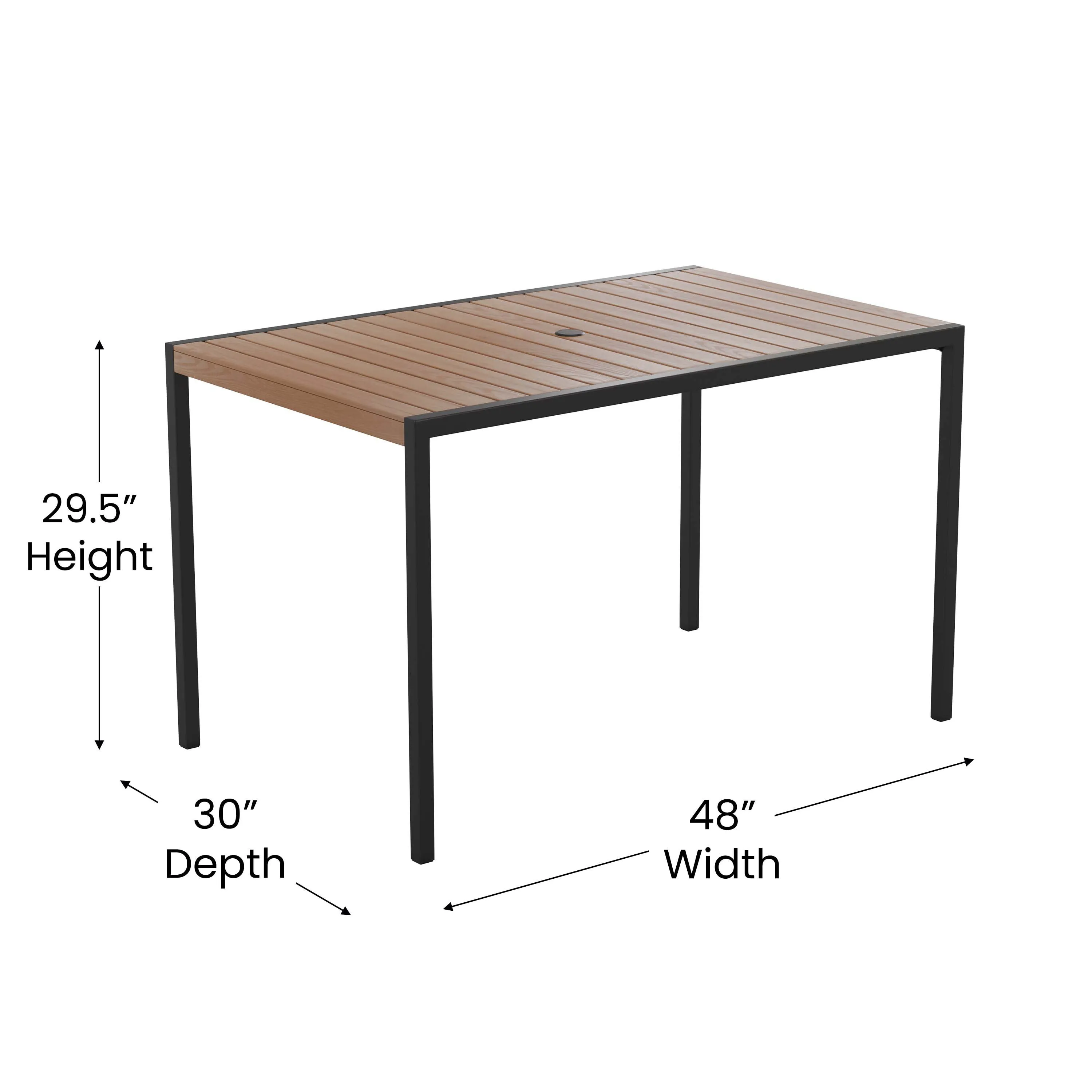 Outdoor Dining Table with Synthetic Teak Poly Slats - Steel Framed Restaurant Table with Umbrella Holder Hole