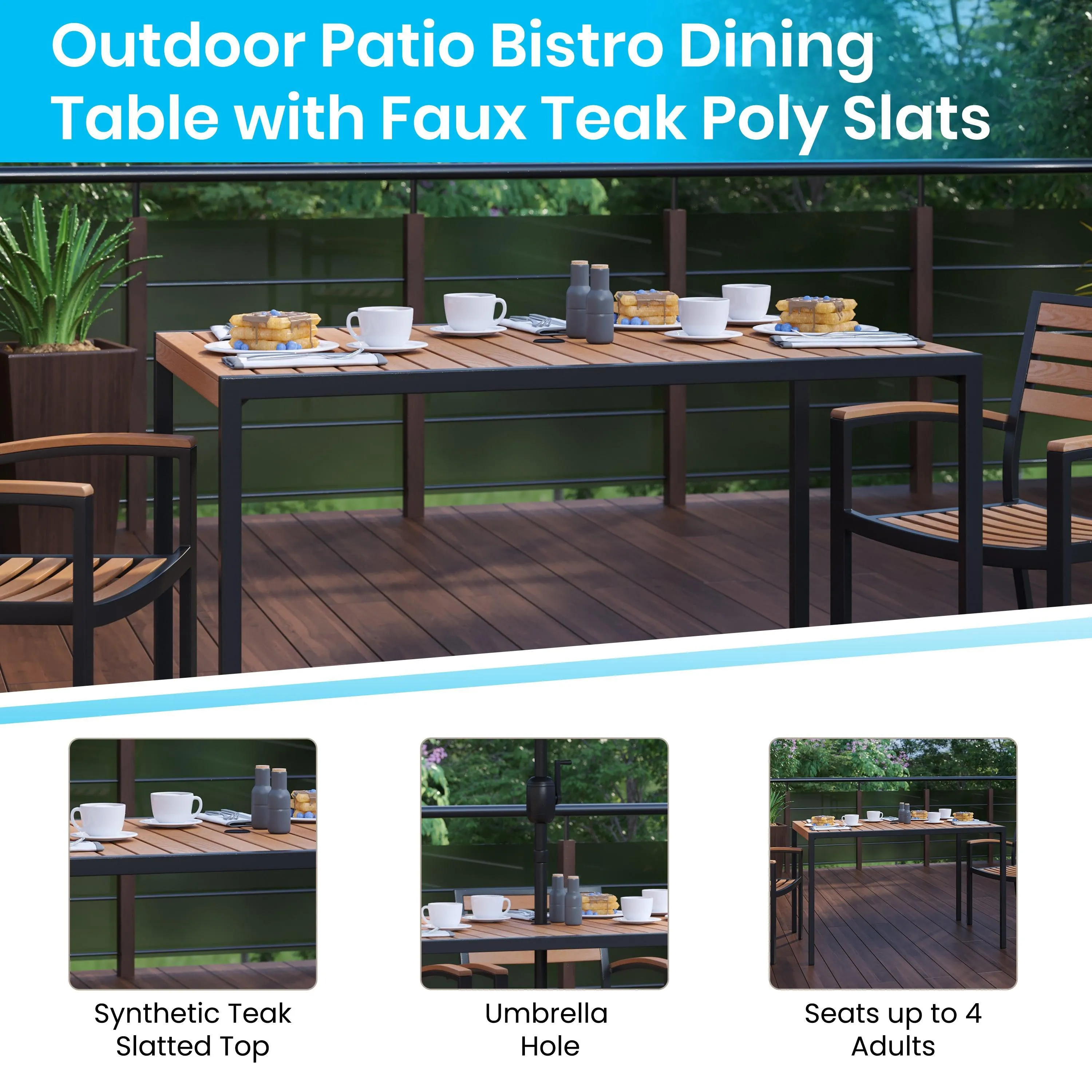 Outdoor Dining Table with Synthetic Teak Poly Slats - Steel Framed Restaurant Table with Umbrella Holder Hole