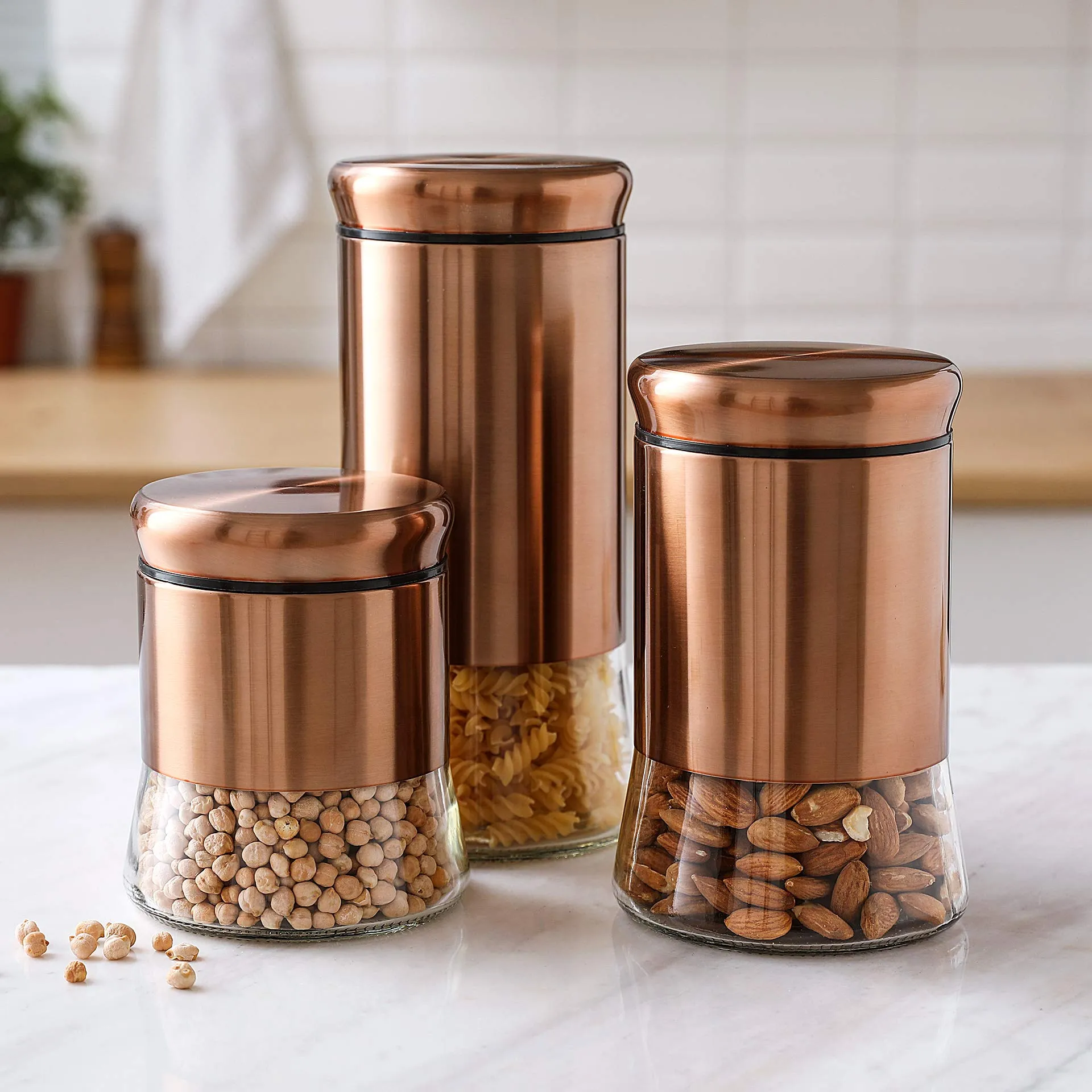 Set of 3 Glass Canisters with Bronze Stainless Steel Cover and Lids,28/38/50