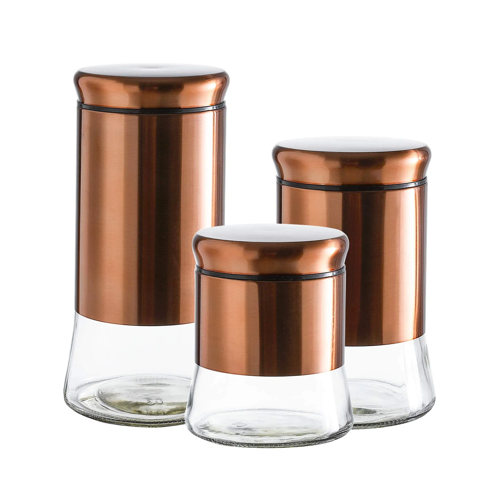 Set of 3 Glass Canisters with Bronze Stainless Steel Cover and Lids,28/38/50