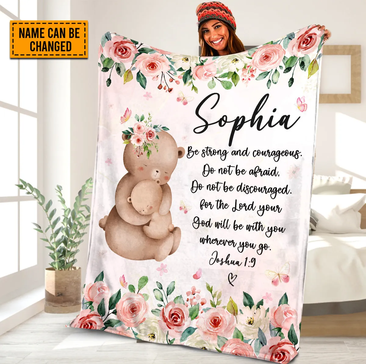 Teesdily | Bear Mom And Kid Personalized Fleece Blanket, God Verse Baby Blanket Gift, Baby Toddler Blanket, Floral Nursery Decor, Baby Shower Gifts