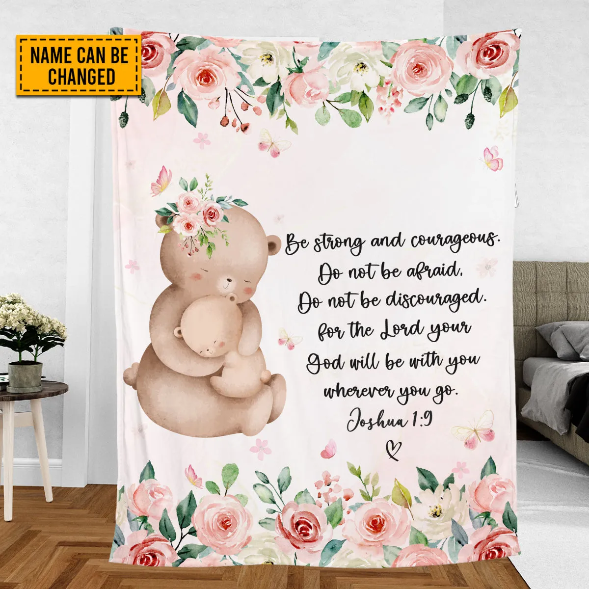 Teesdily | Bear Mom And Kid Personalized Fleece Blanket, God Verse Baby Blanket Gift, Baby Toddler Blanket, Floral Nursery Decor, Baby Shower Gifts