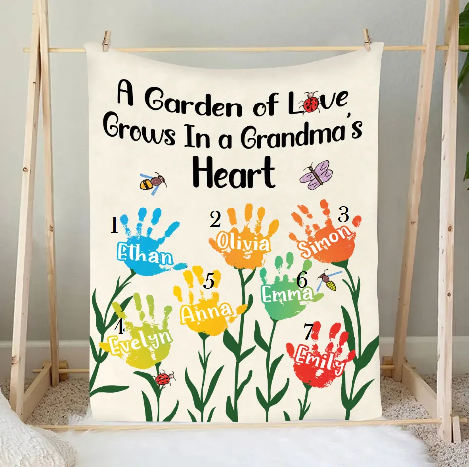 Teesdily | Customized Grandmother's Garden Throw Blanket A Garden Of Love Grows In A Grandma's Heart Fleece Blanket Kid Drawing Style Grandmom Gifts