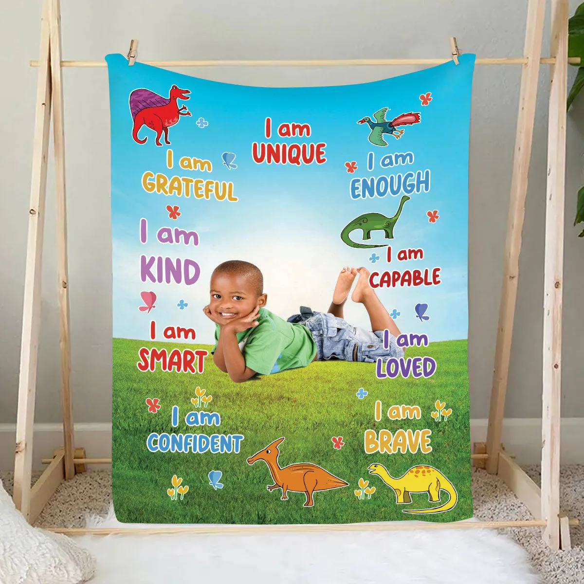 Teesdily | Dinosaur Grandson Blanket Personalized Photo, Grandson I Am Unique, Positive Confirmation Quote Blankets, Grandson Gift For Birthday