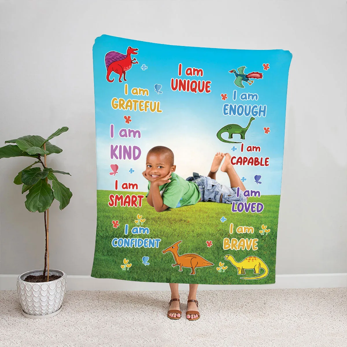 Teesdily | Dinosaur Grandson Blanket Personalized Photo, Grandson I Am Unique, Positive Confirmation Quote Blankets, Grandson Gift For Birthday