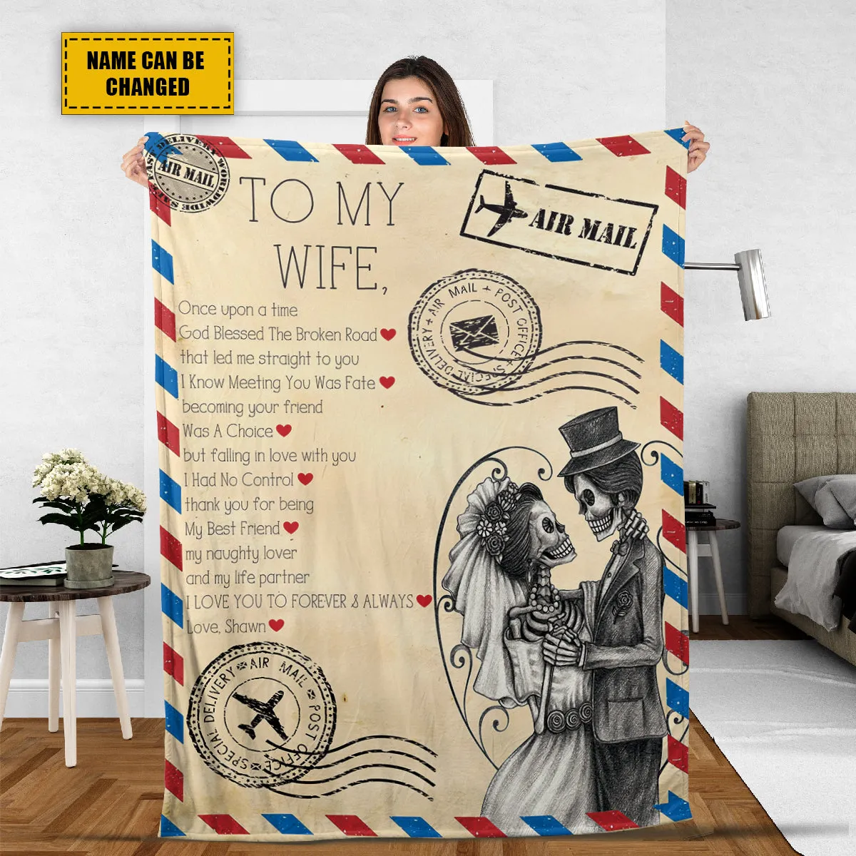 Teesdily | Personalized Skeleton Couple Blanket To My Wife Vintage Letter Fleece Throw Blanket God Blessed The Broken Road Christmas Gift For Wife