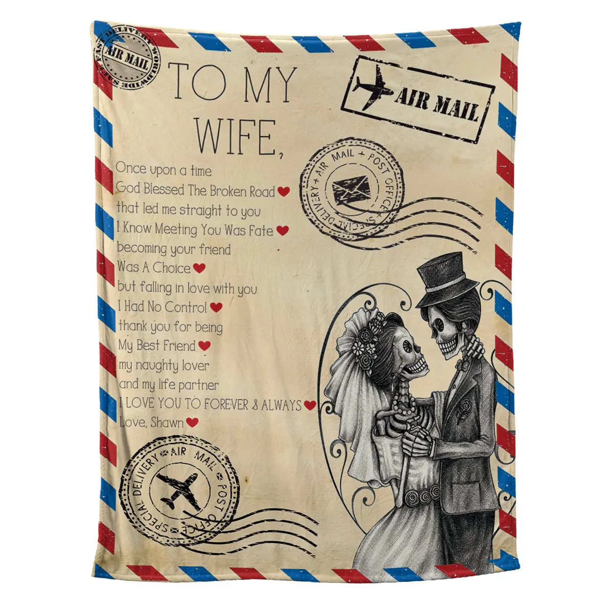 Teesdily | Personalized Skeleton Couple Blanket To My Wife Vintage Letter Fleece Throw Blanket God Blessed The Broken Road Christmas Gift For Wife