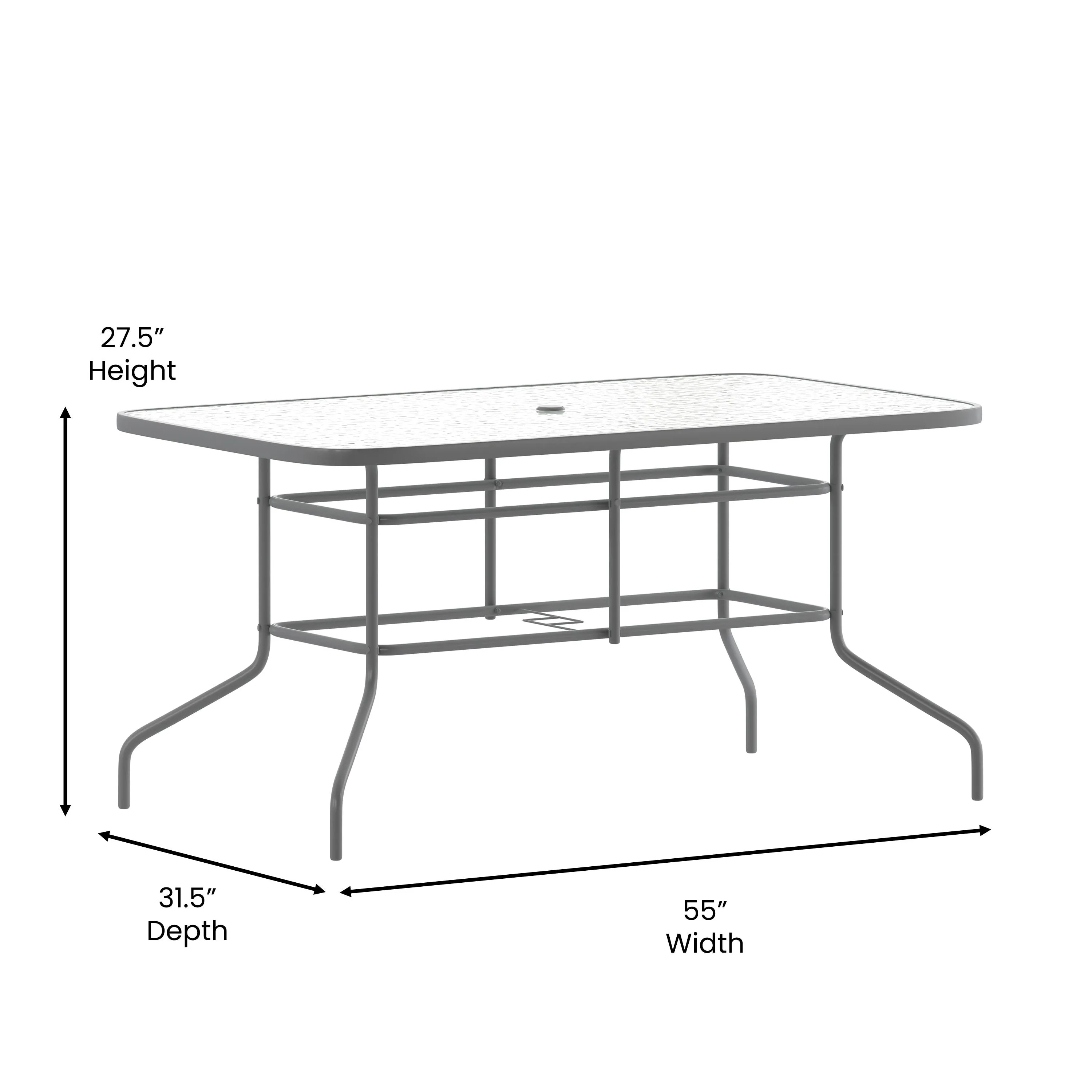 Tory 31.5" x 55" Rectangular Tempered Glass Metal Table with Umbrella Hole