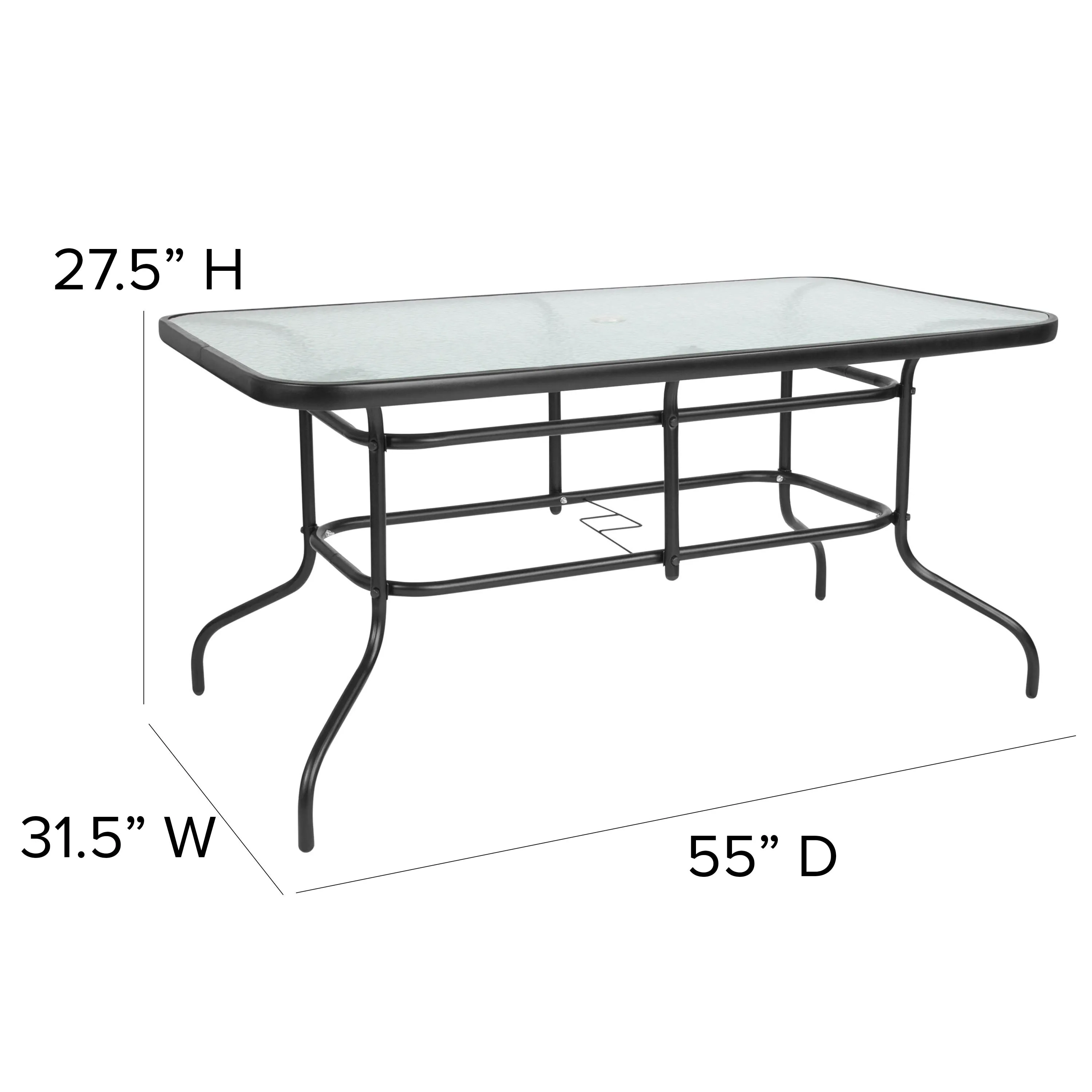 Tory 31.5" x 55" Rectangular Tempered Glass Metal Table with Umbrella Hole