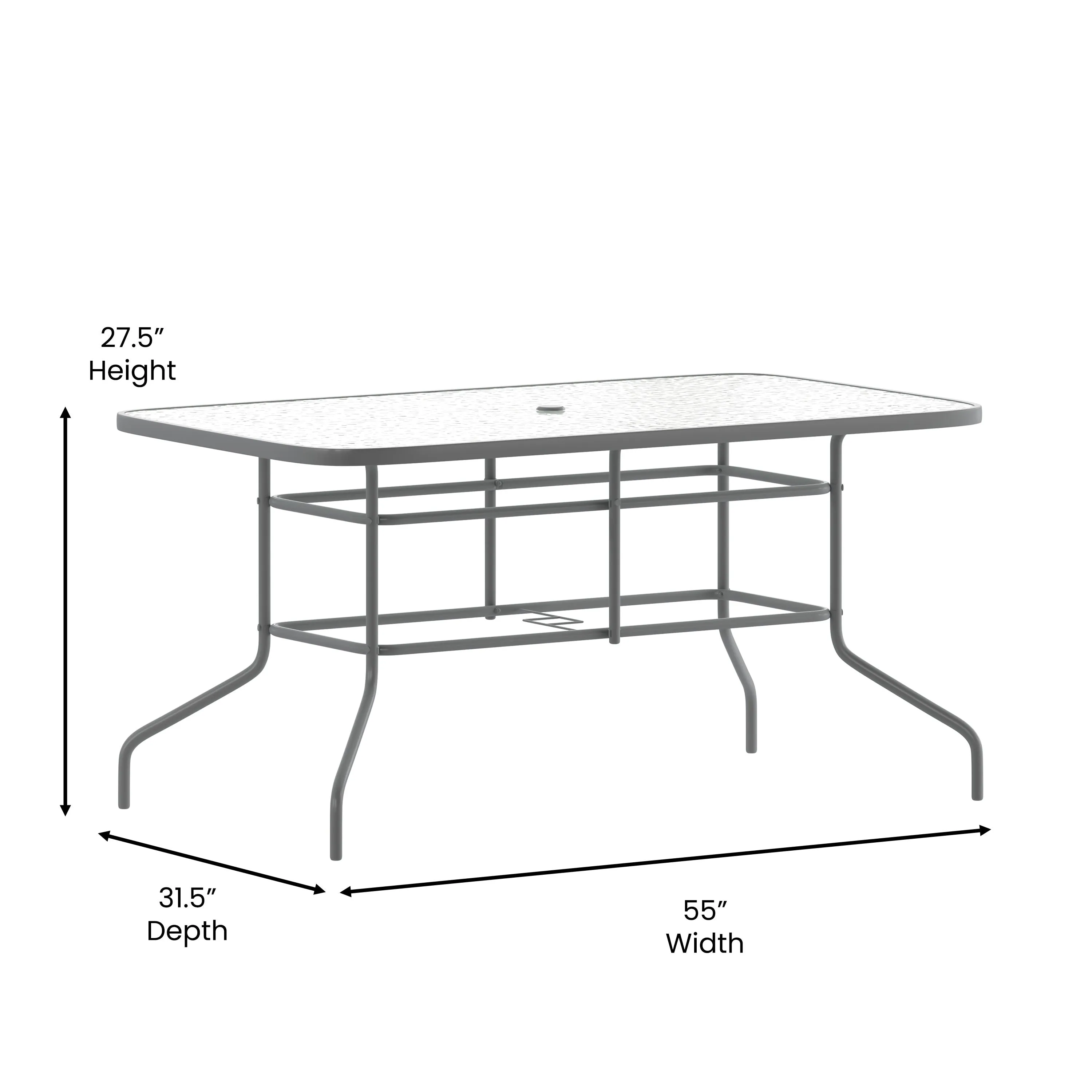 Tory 31.5" x 55" Rectangular Tempered Glass Metal Table with Umbrella Hole