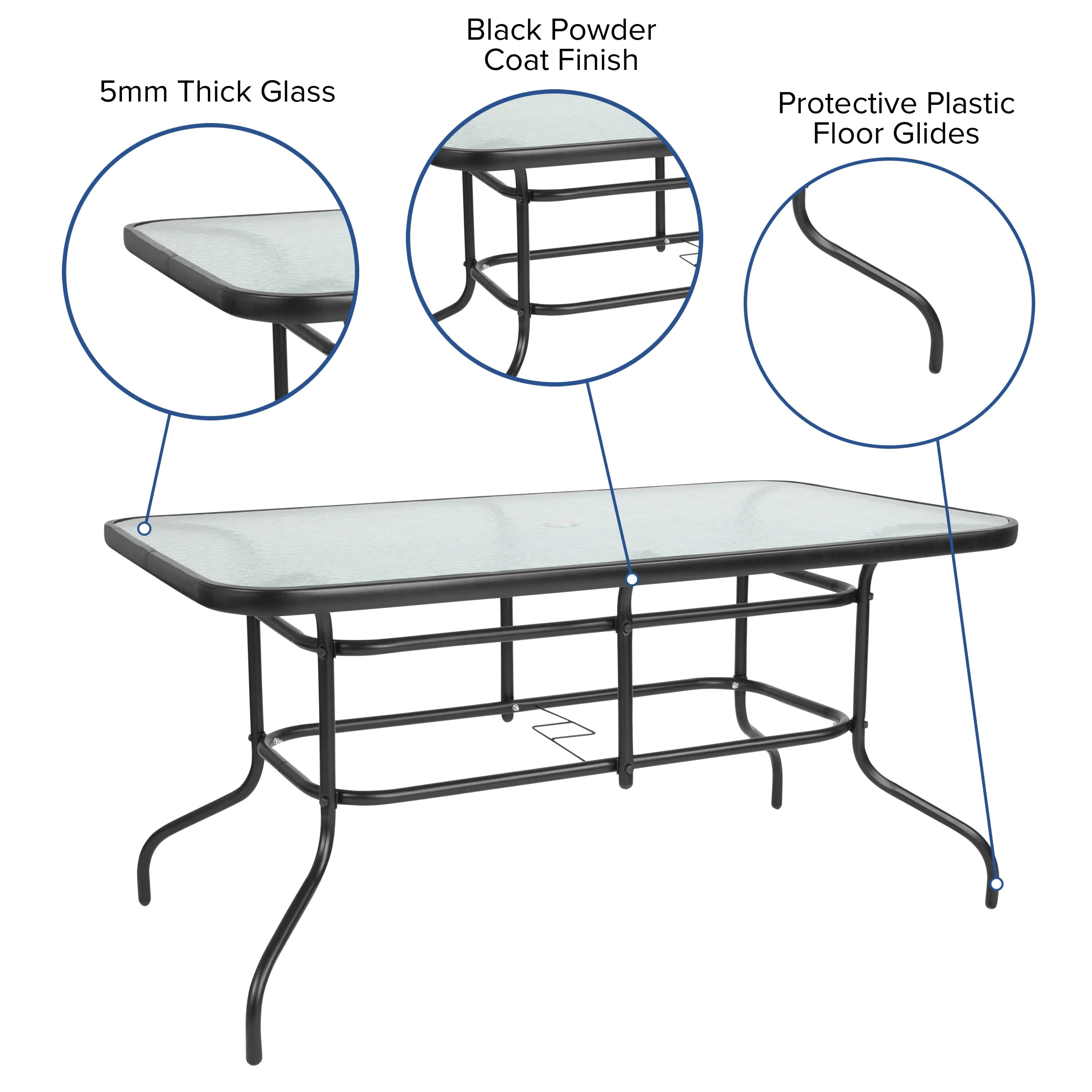 Tory 31.5" x 55" Rectangular Tempered Glass Metal Table with Umbrella Hole