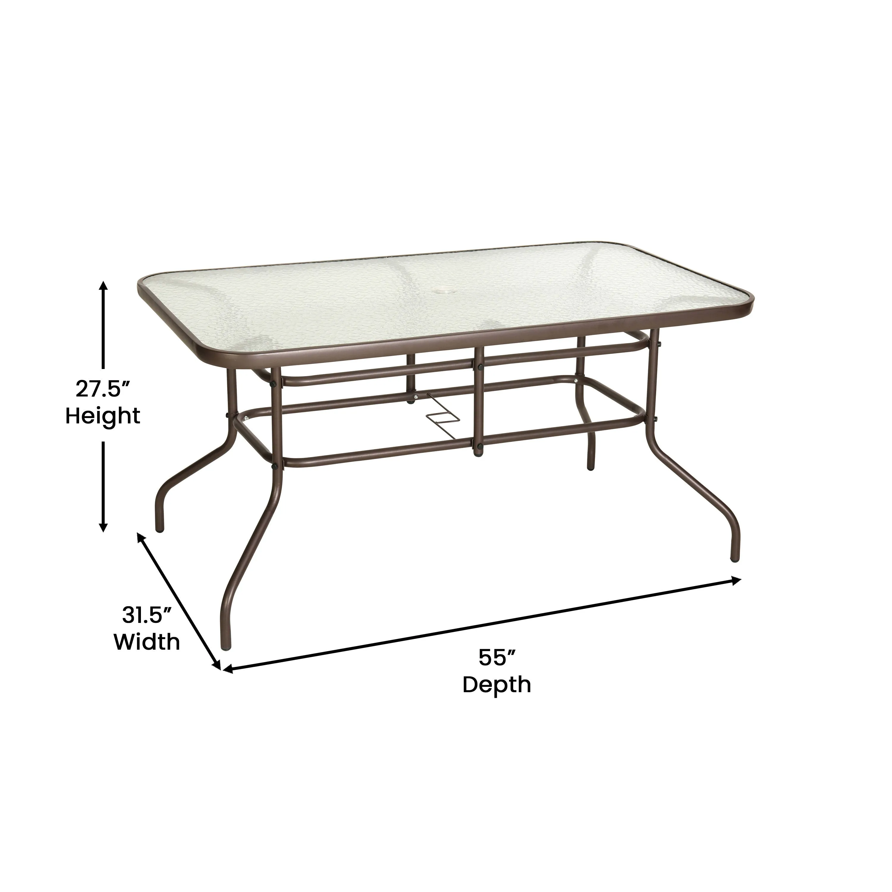 Tory 31.5" x 55" Rectangular Tempered Glass Metal Table with Umbrella Hole