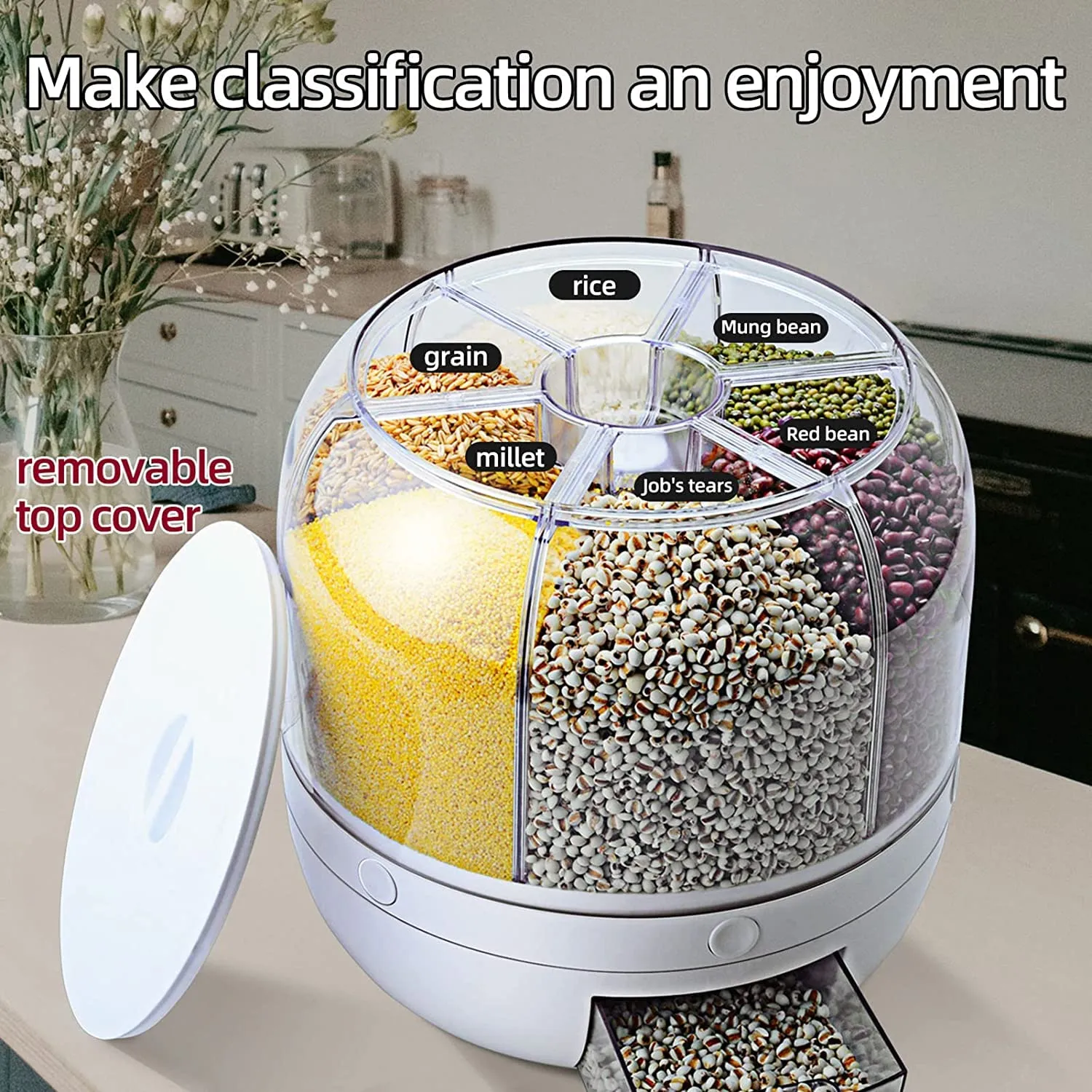 VBM Airtight Food Storage Containers Rice Dispenser Countertop Cereal grain pulses Container Sets 6 Grids Rotating Canisters With Durable Lid (round rice dispenser)