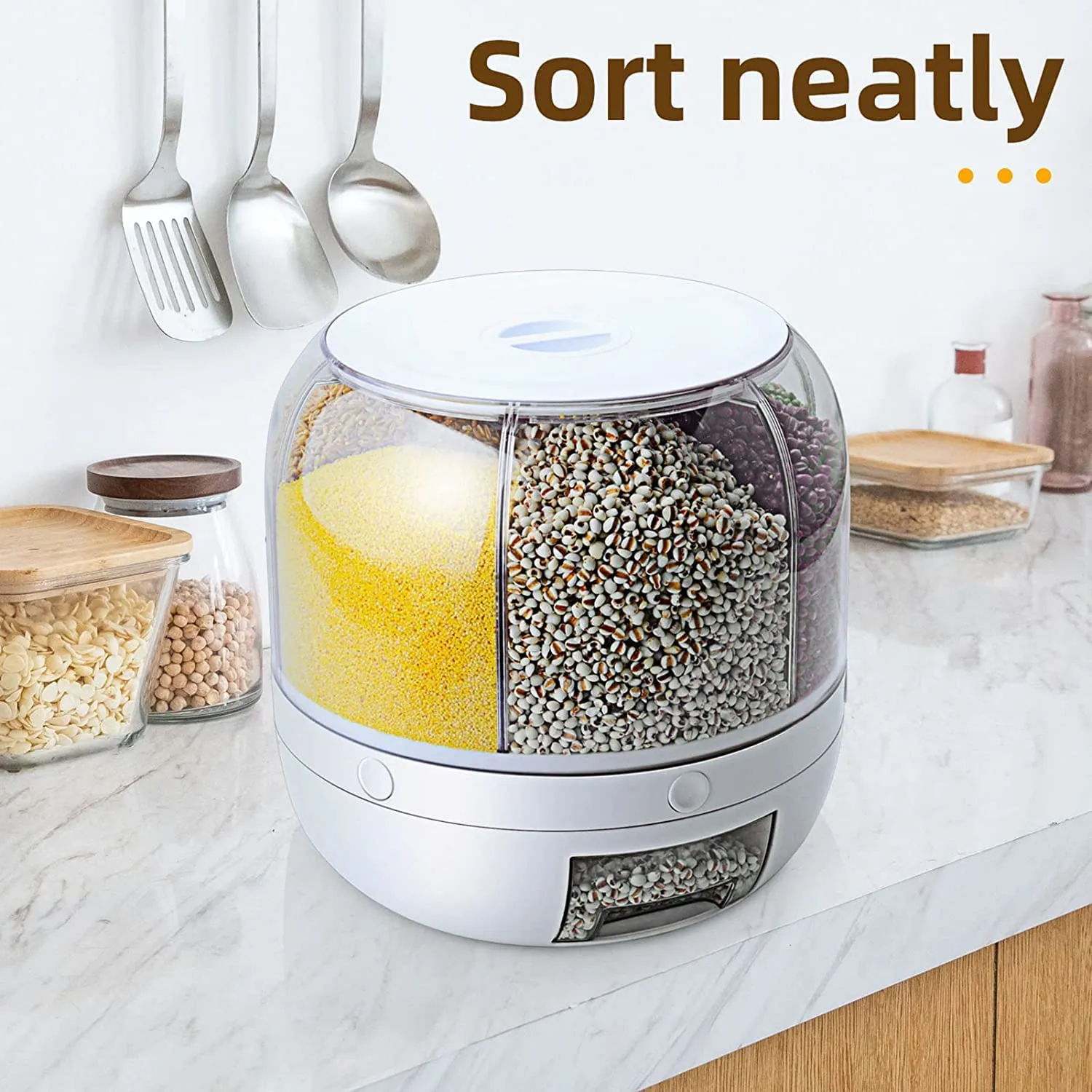 VBM Airtight Food Storage Containers Rice Dispenser Countertop Cereal grain pulses Container Sets 6 Grids Rotating Canisters With Durable Lid (round rice dispenser)