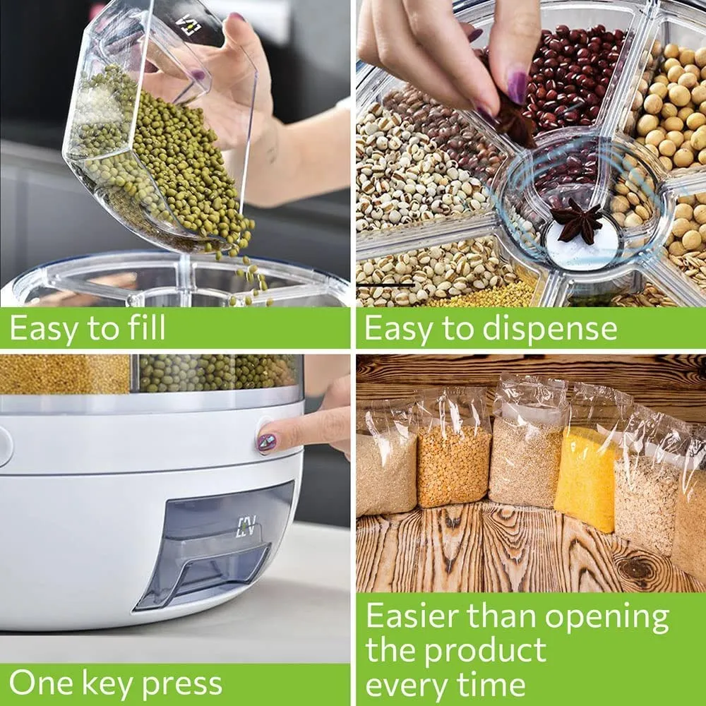 VBM Airtight Food Storage Containers Rice Dispenser Countertop Cereal grain pulses Container Sets 6 Grids Rotating Canisters With Durable Lid (round rice dispenser)