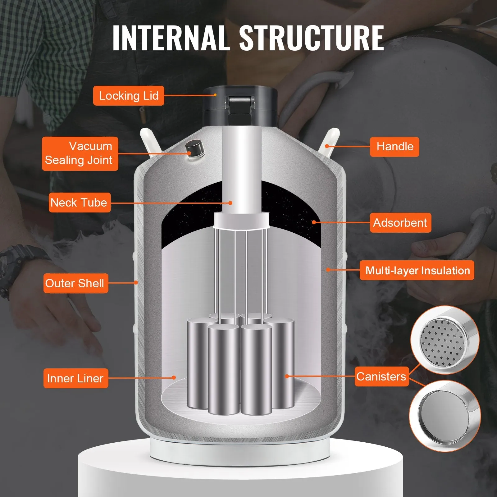 Vevor Liquid Nitrogen Tank 7.93 Gal Aluminum Alloy LN2 Container Dewar 6-Canisters and Protective Cover New