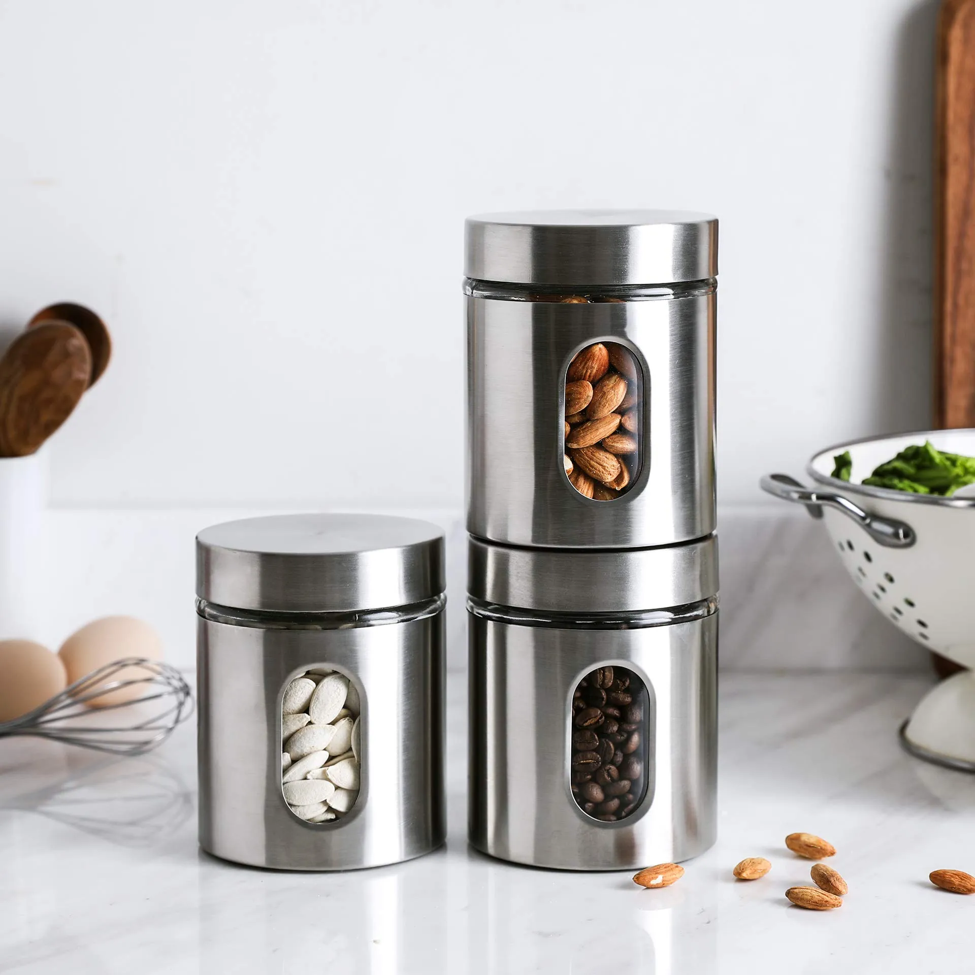 WHOLE HOUSEWARES | Brushed Stainless Steel and Glass Canister with Window | Set of 3 | 5"H