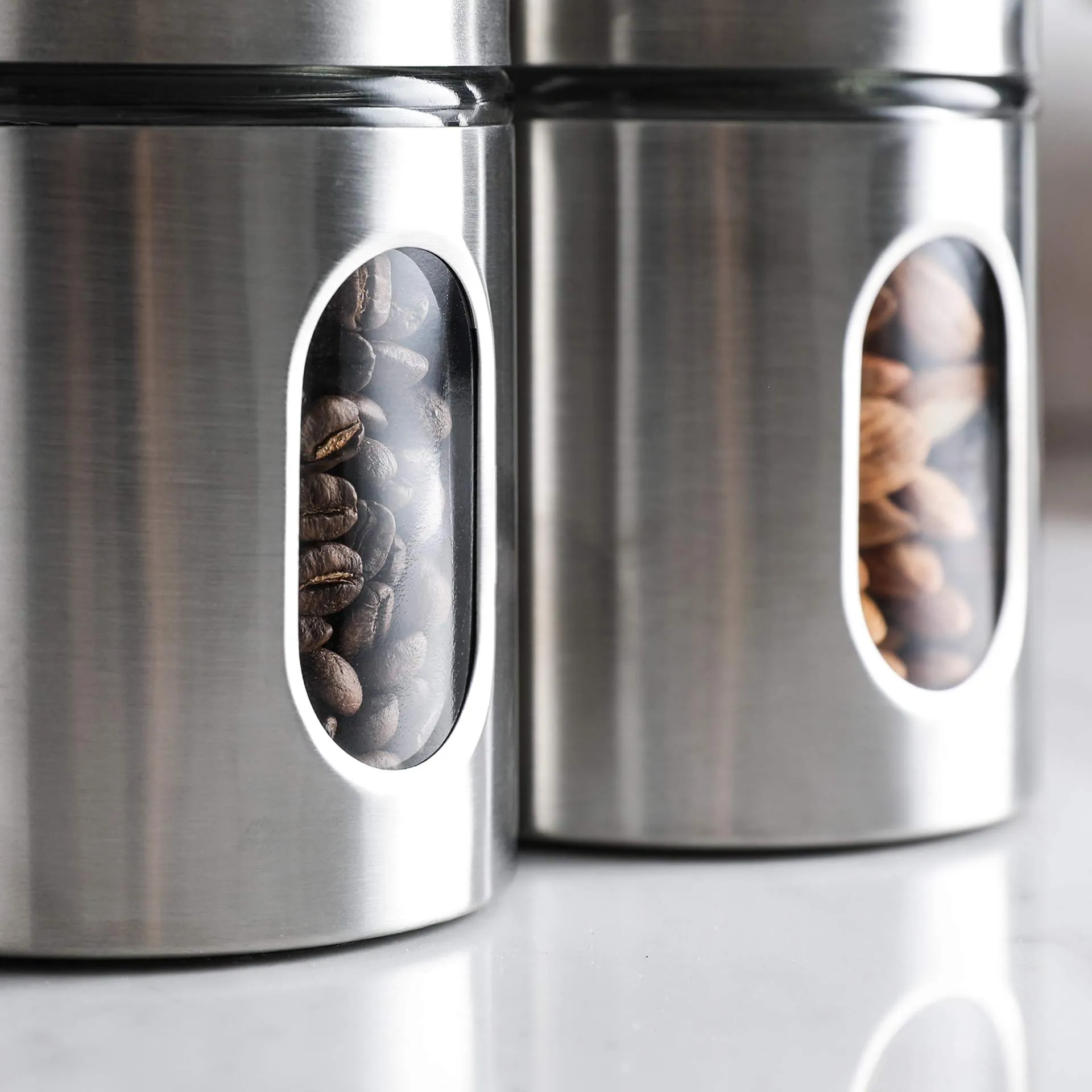 WHOLE HOUSEWARES | Brushed Stainless Steel and Glass Canister with Window | Set of 3 | 5"H