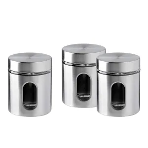 WHOLE HOUSEWARES | Brushed Stainless Steel and Glass Canister with Window | Set of 3 | 5"H