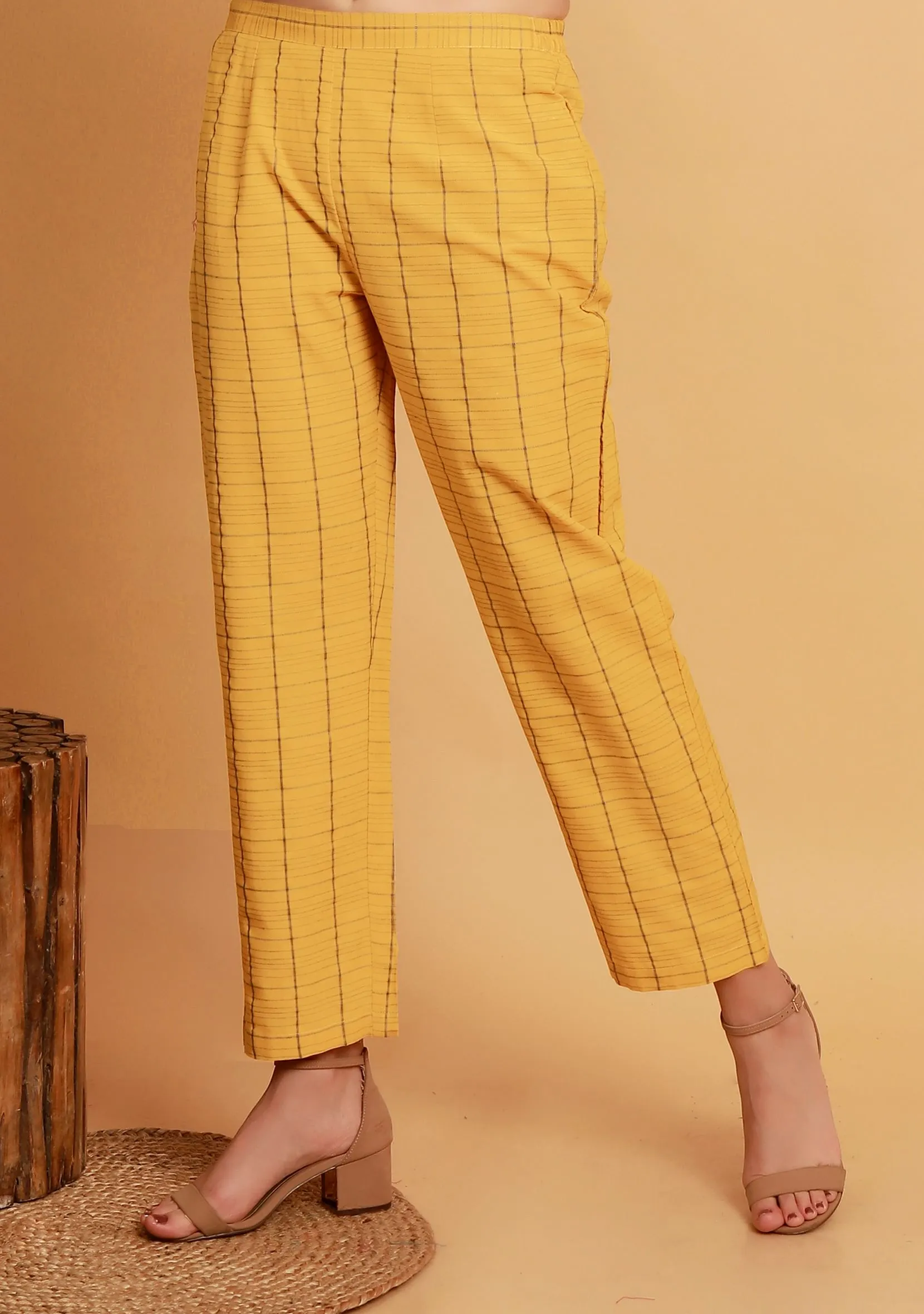 Yellow Checks Straight Woven Pants